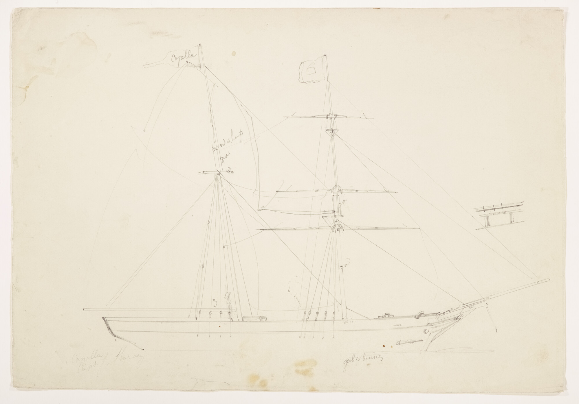 S.3107(07)053; Schets van een tweemastzeilschip met links in de mast een wimpel met de naam Capella; tekening