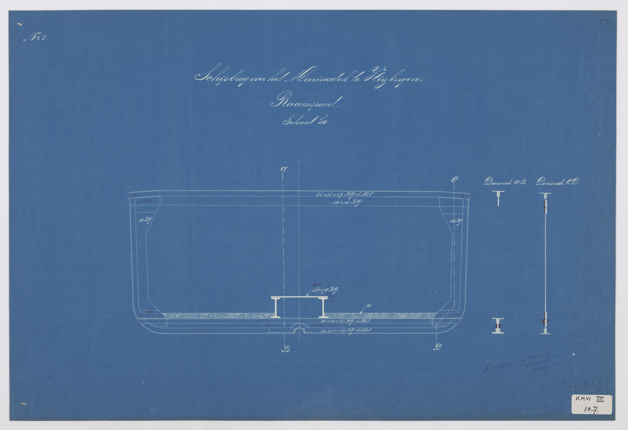 S.2175(5334); Doorsnede over een raamspant van een brugschip uit de schipbrug over het Marinedok bij de Koninklijke Maatschappij 'De Schelde' te Vlissingen; technische tekening