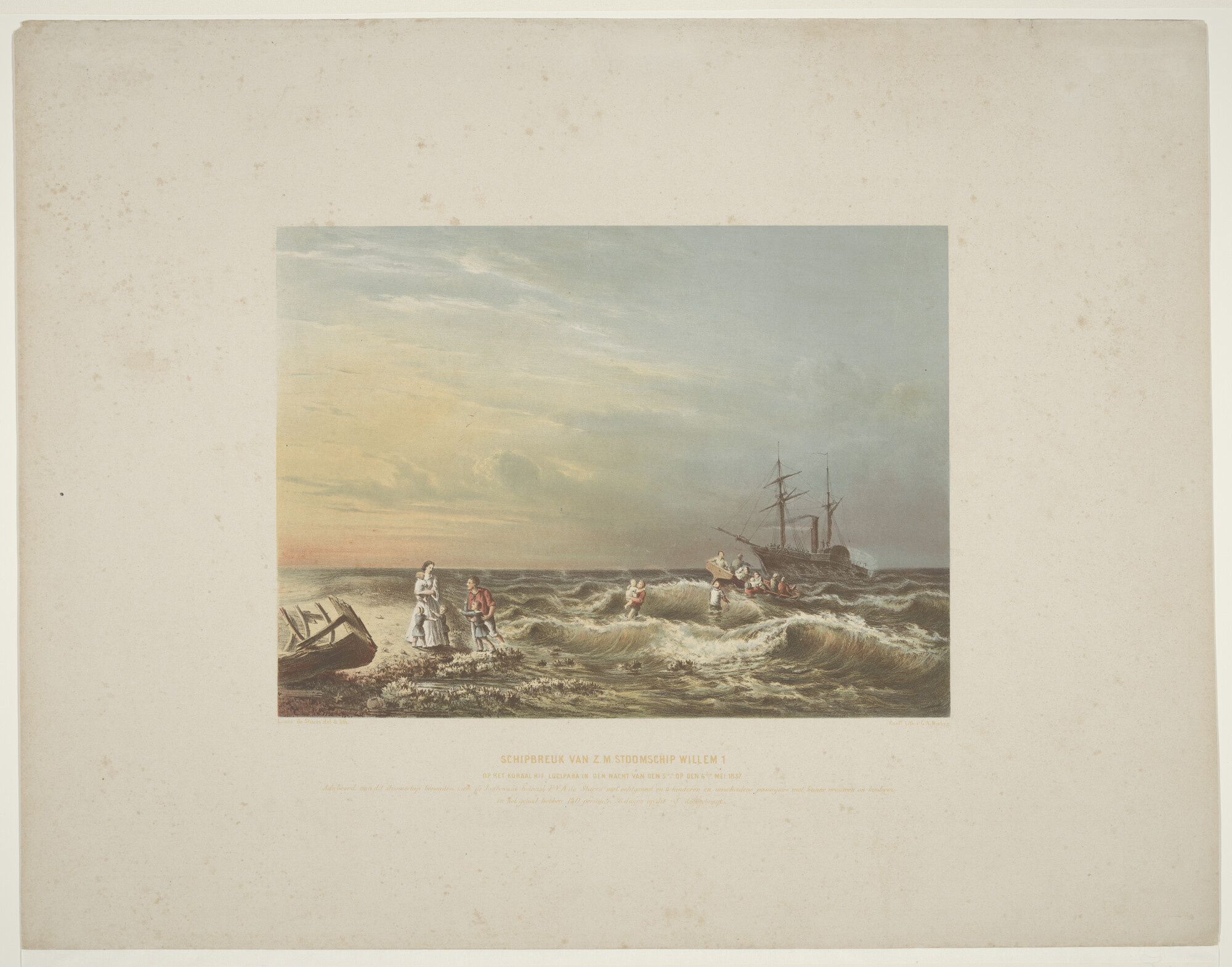 S.0634(02); De schipbreuk van het raderstoomschip Zr.Ms. 'Willem I'; prent