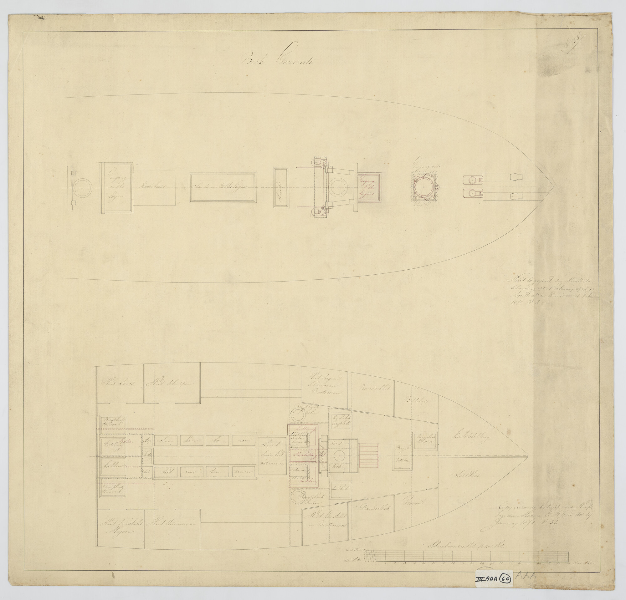 2016.0071; Indeling bak en voorschip van de schoenerbrik Zr.Ms. Ternate; technische tekening