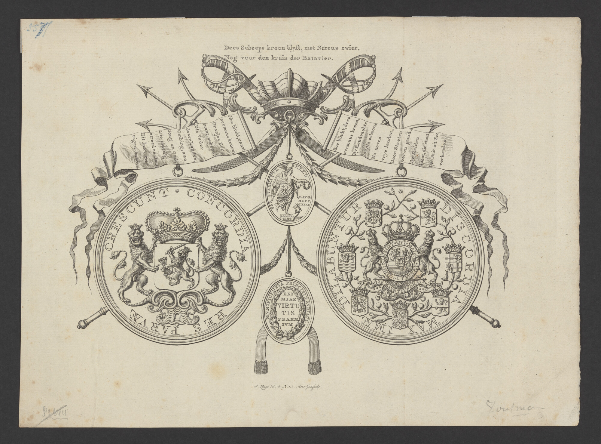 2023.0330; Afbeelding van de gouden Doggersbank-medaille, uitgereikt door Willem V aan Admiraal Zoutman; prent