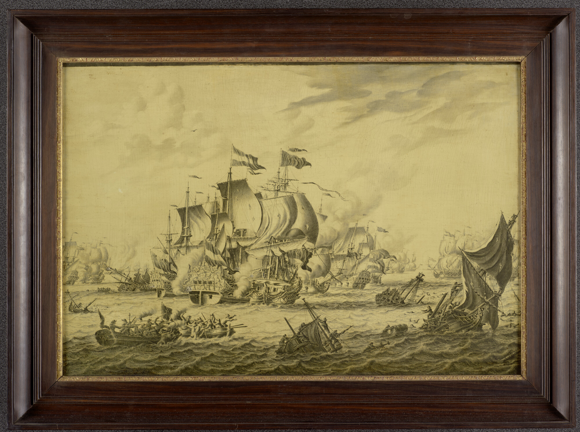 A.2766; Een zeegevecht tussen Nederlandse, Engelse, en Franse oorlogsschepen; schilderij