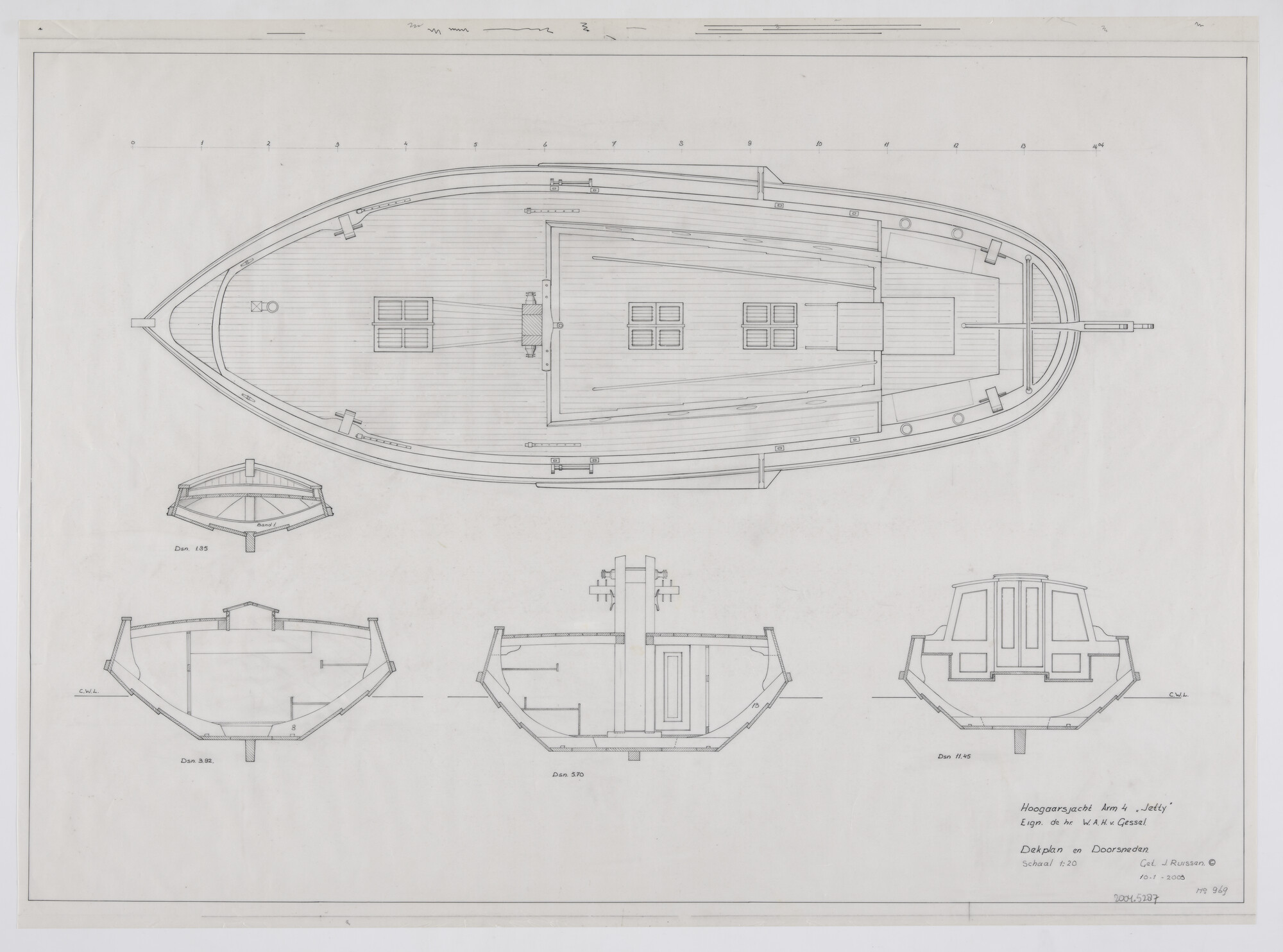 2004.5287; Dekplan en doorsneden van de hoogaarsjacht Jetty; technische tekening