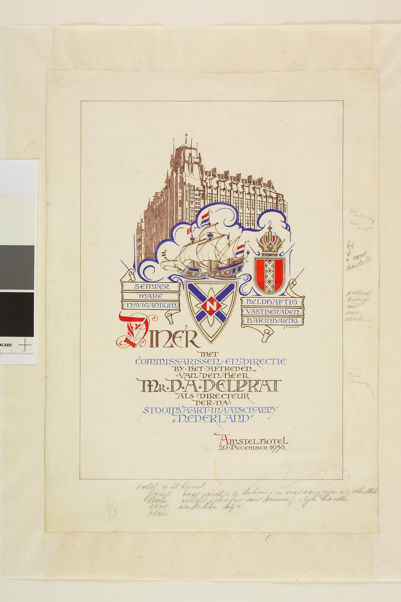 A.5809(03); Ontwerp voor een menukaart voor het afscheid van de heer Mr. D.A. Delprat, directeur van de SMN, 1956; tekening