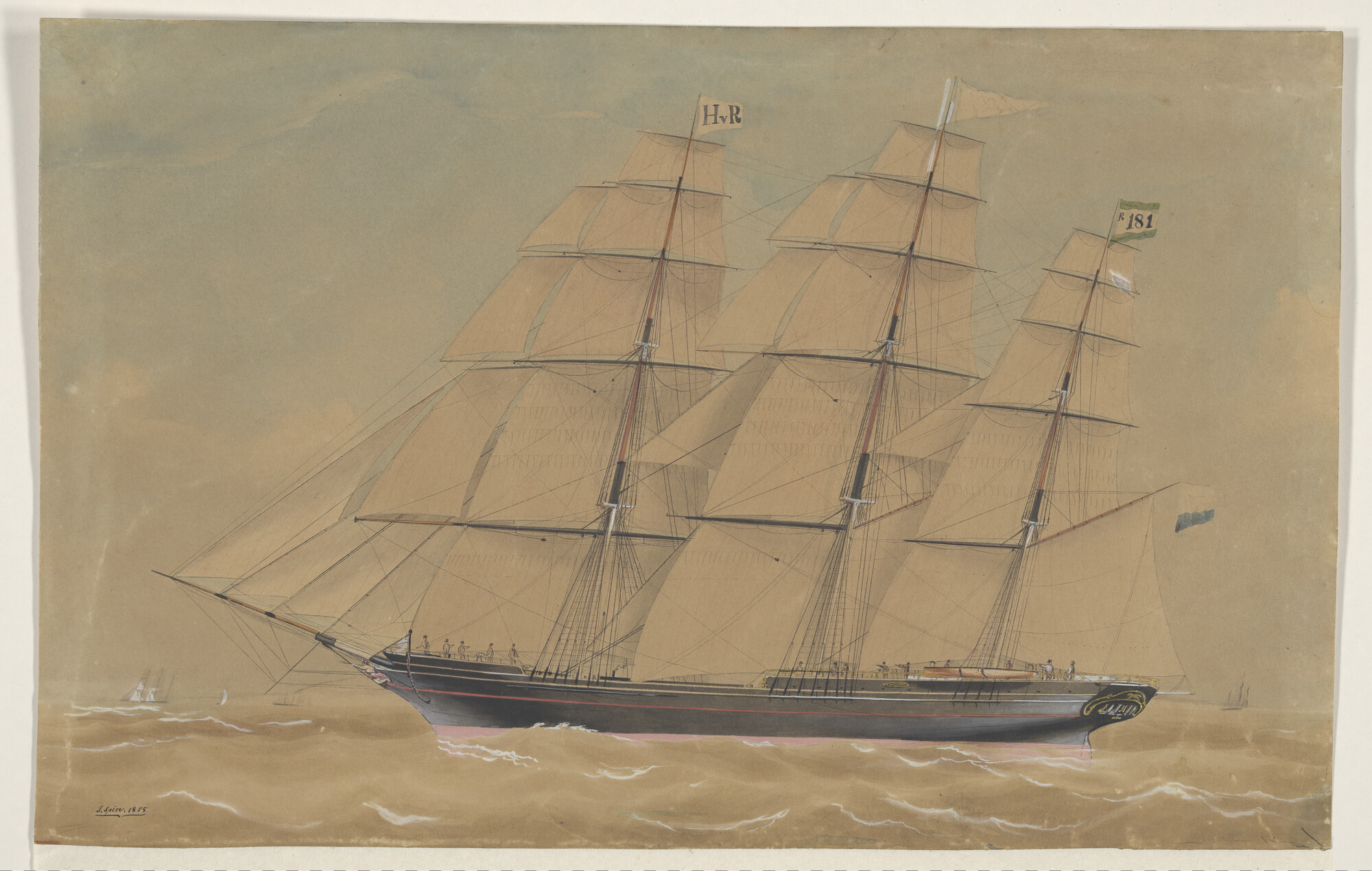 S.1931(03); Het klipperfregatschip Ternate onder zeil; tekening