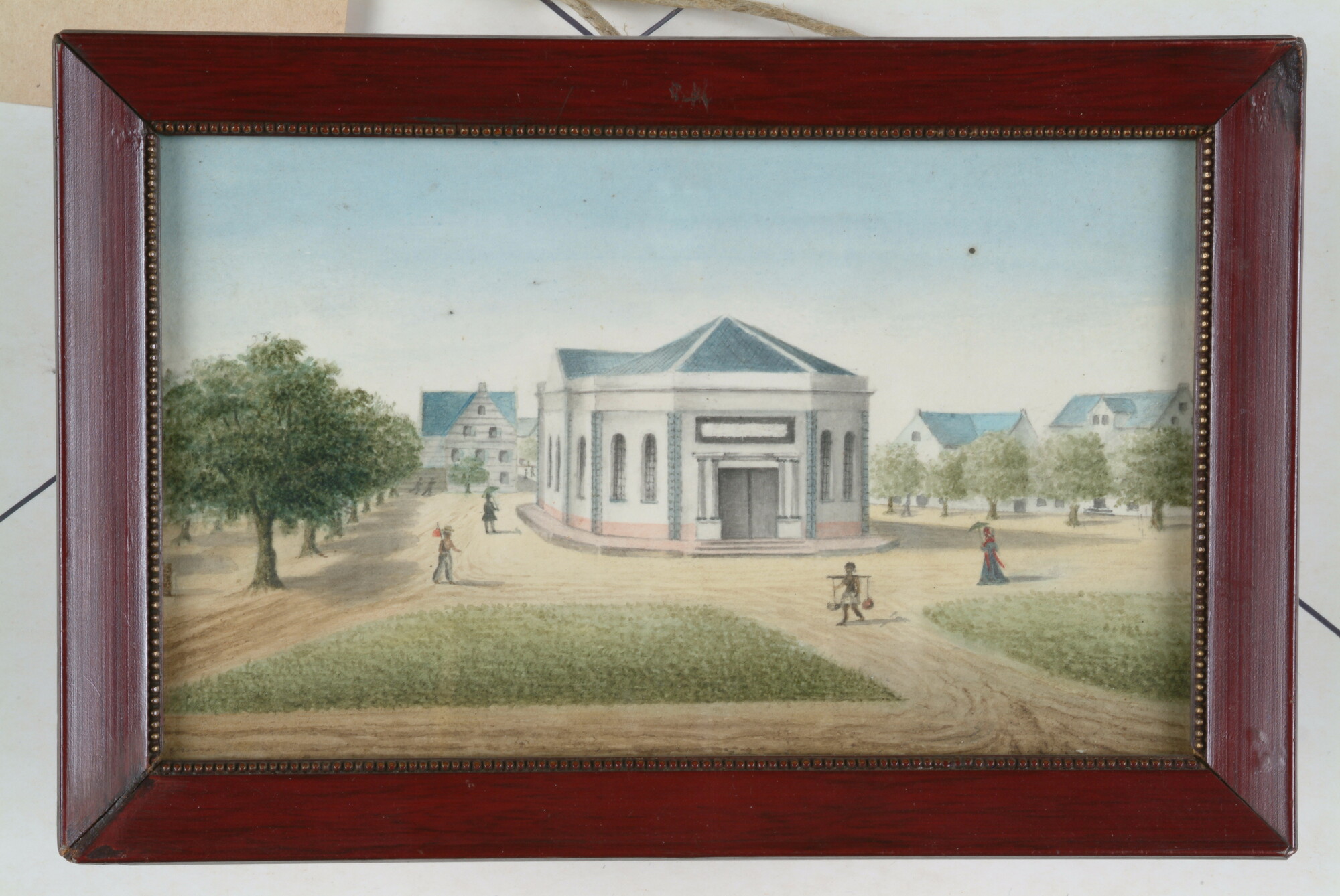 S.1043(02); Gezicht op de Hervormde Kerk in Paramaribo; tekening