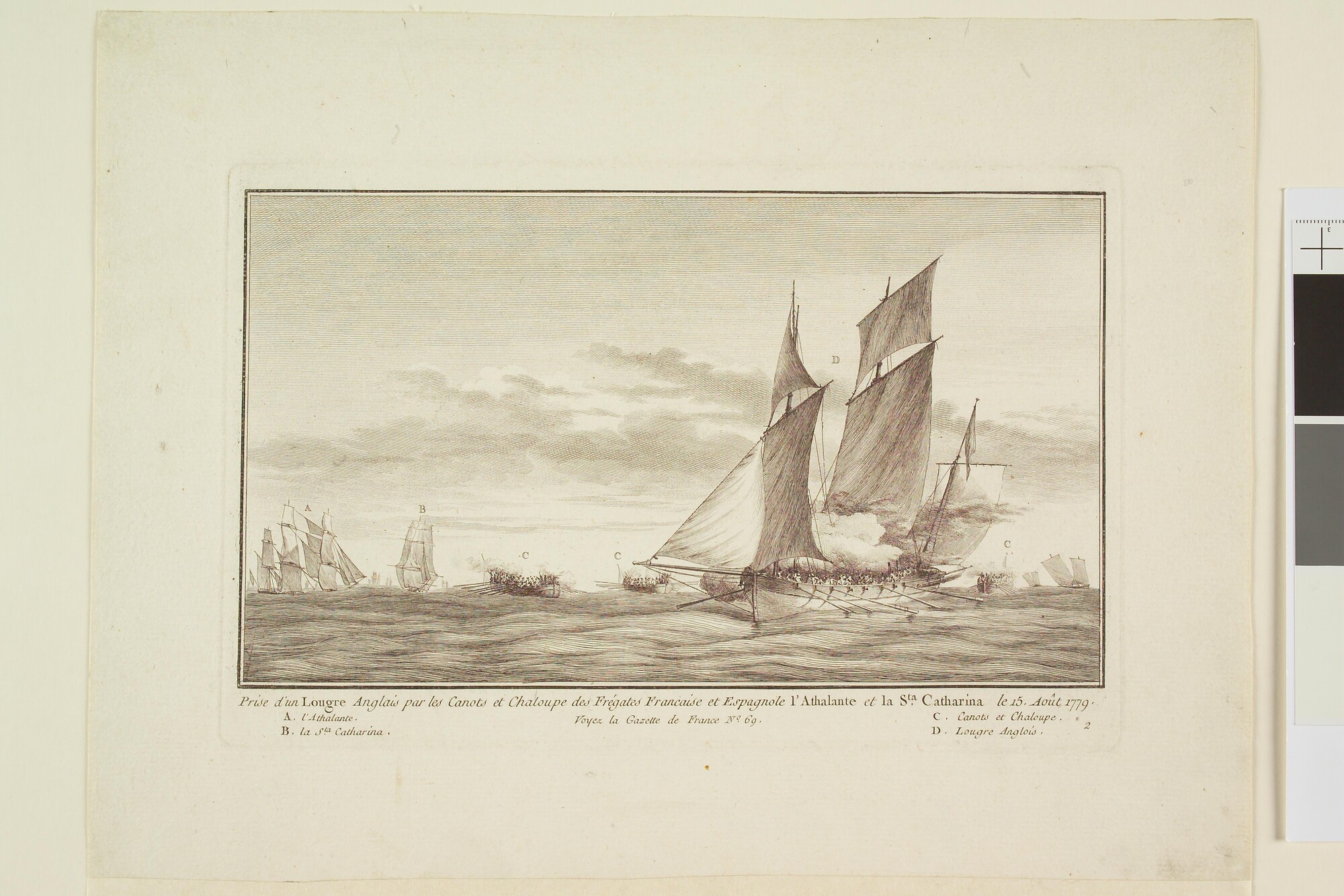 S.1603(24) [nr 0001]; Het nemen van een Engelse logger doorsloepen van een Frans en een Spaans schip; prent