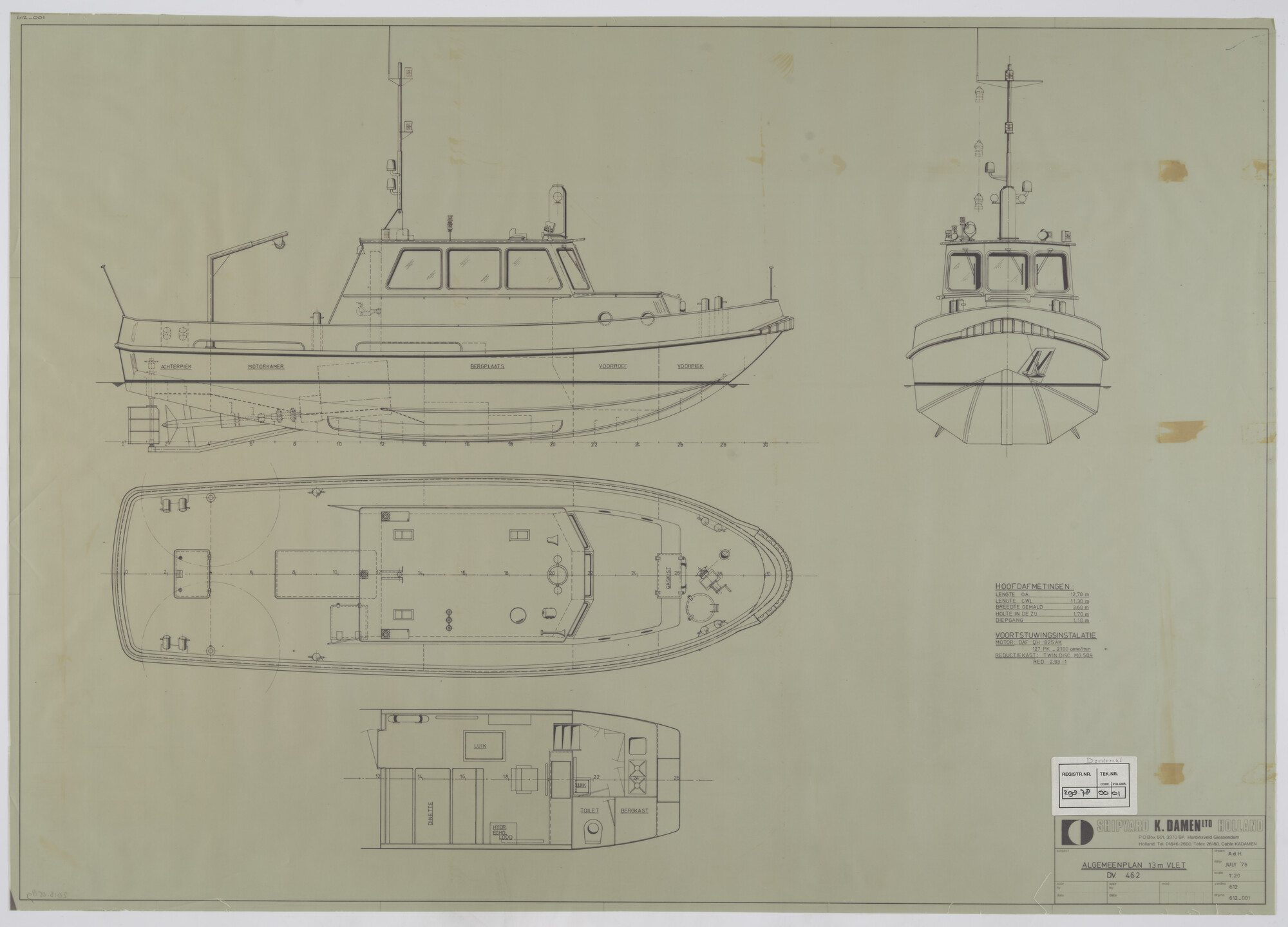 2013.0589; Algemeen plan rayonvaartuig Dordrecht van 12.70 meter; technische tekening