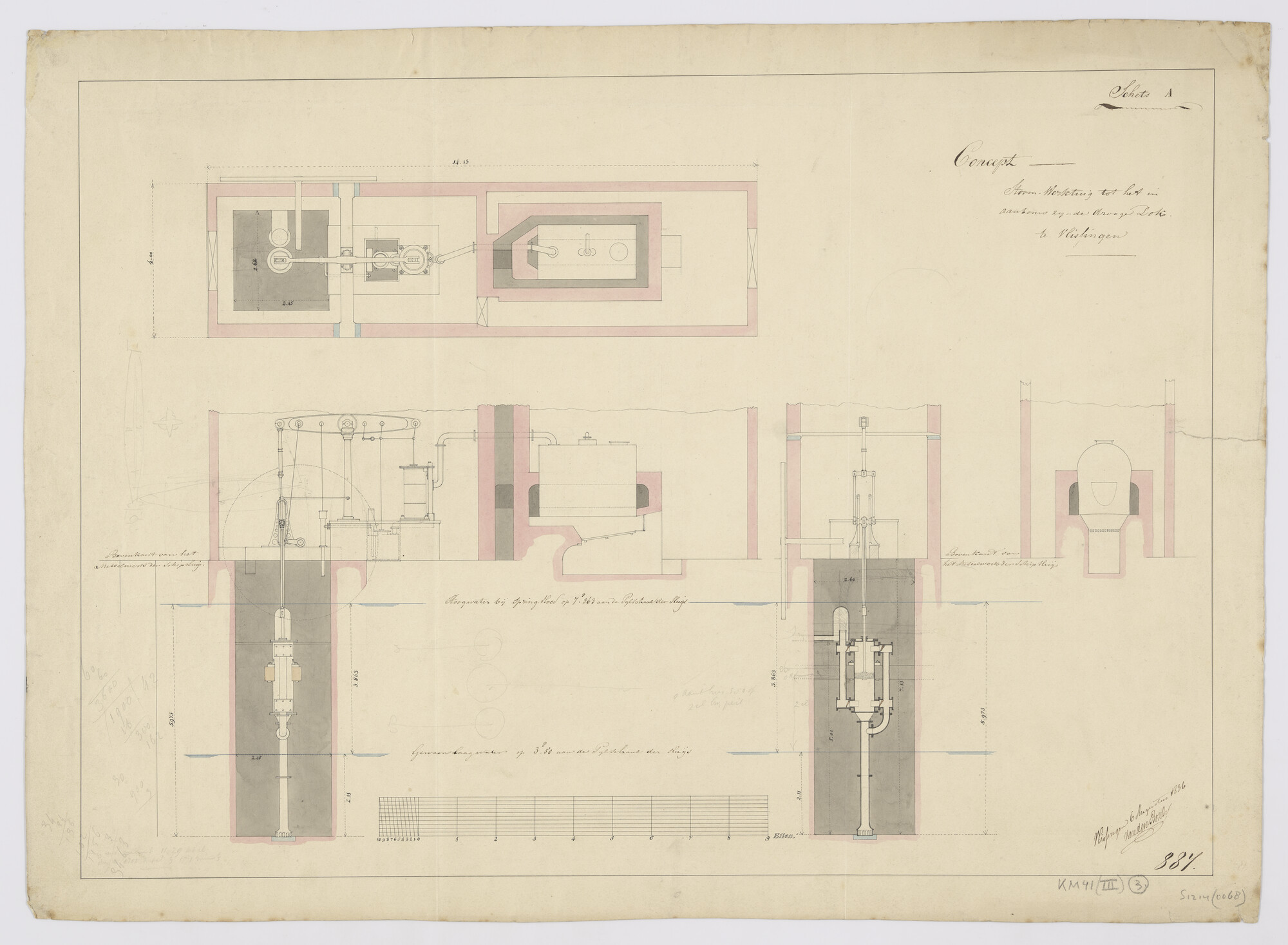 S.1214(0068); Diverse doorsneden van een stoomwerktuig (pomp) voor het in aanbouw zijnde droogdok bij de Rijkswerf te Vlissingen (1836); technische tekening