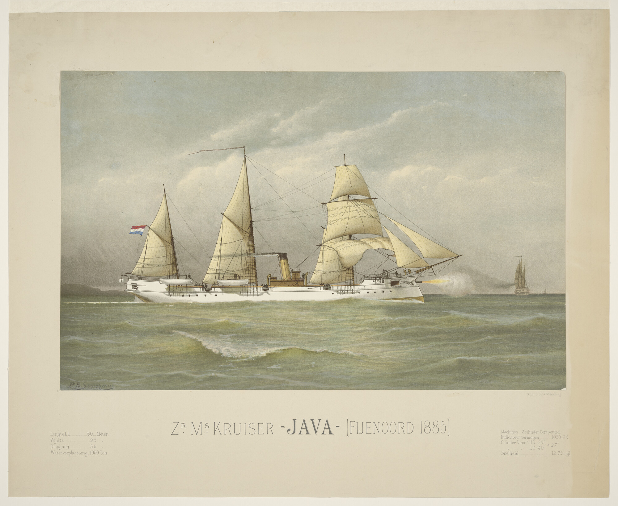 S.1260 [nr 0001]; Het flottieljevaartuig Zr.Ms. 'Java', gebouwd bij  Maatschappij 'Fijenoord' te Rotterdam, 1885; prent