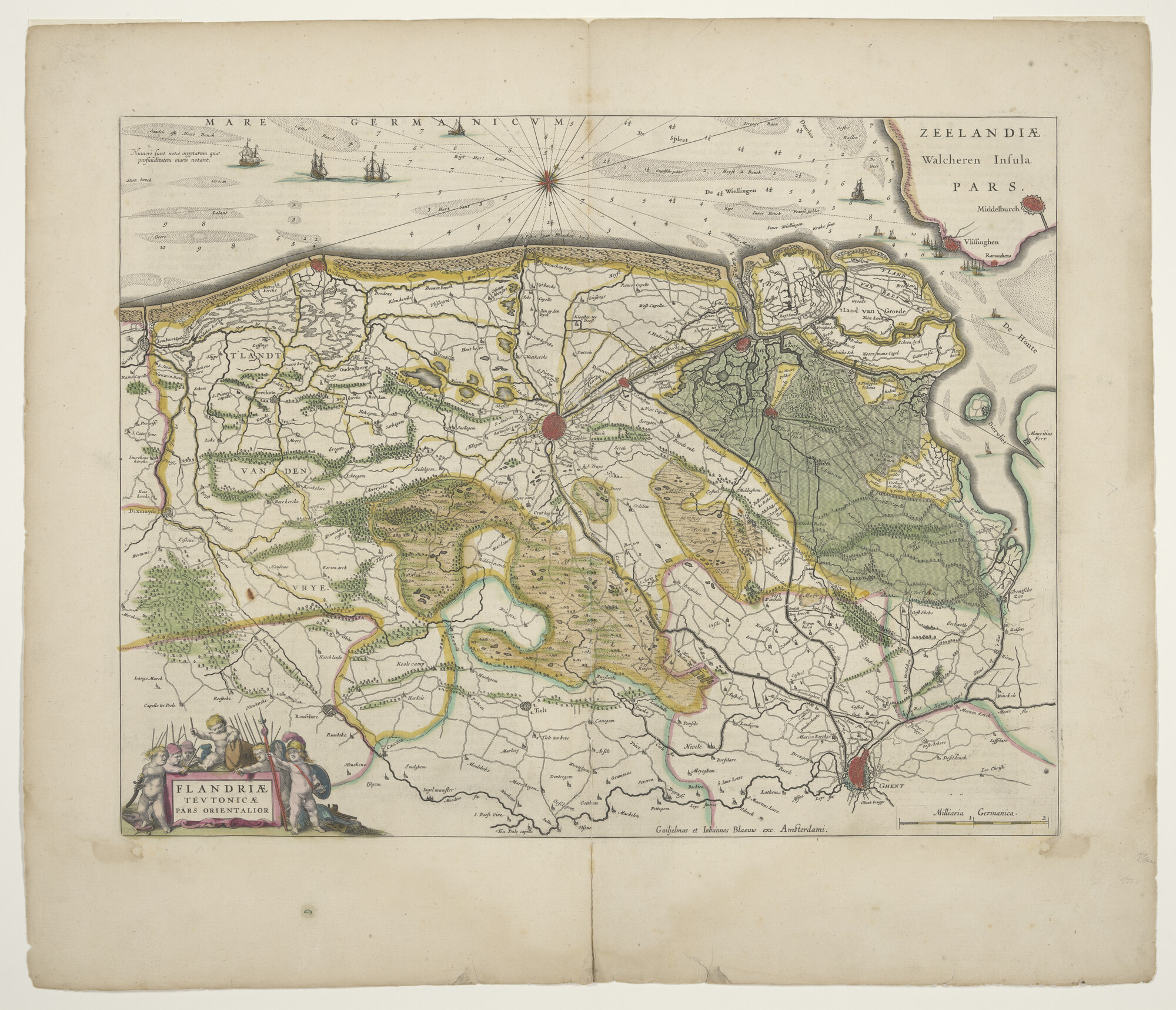 B.0216(0269); Met de hand gekleurde kaart van het oostelijk deel van het graafschap Vlaanderen door Willem & Joan Blaeu; landkaart