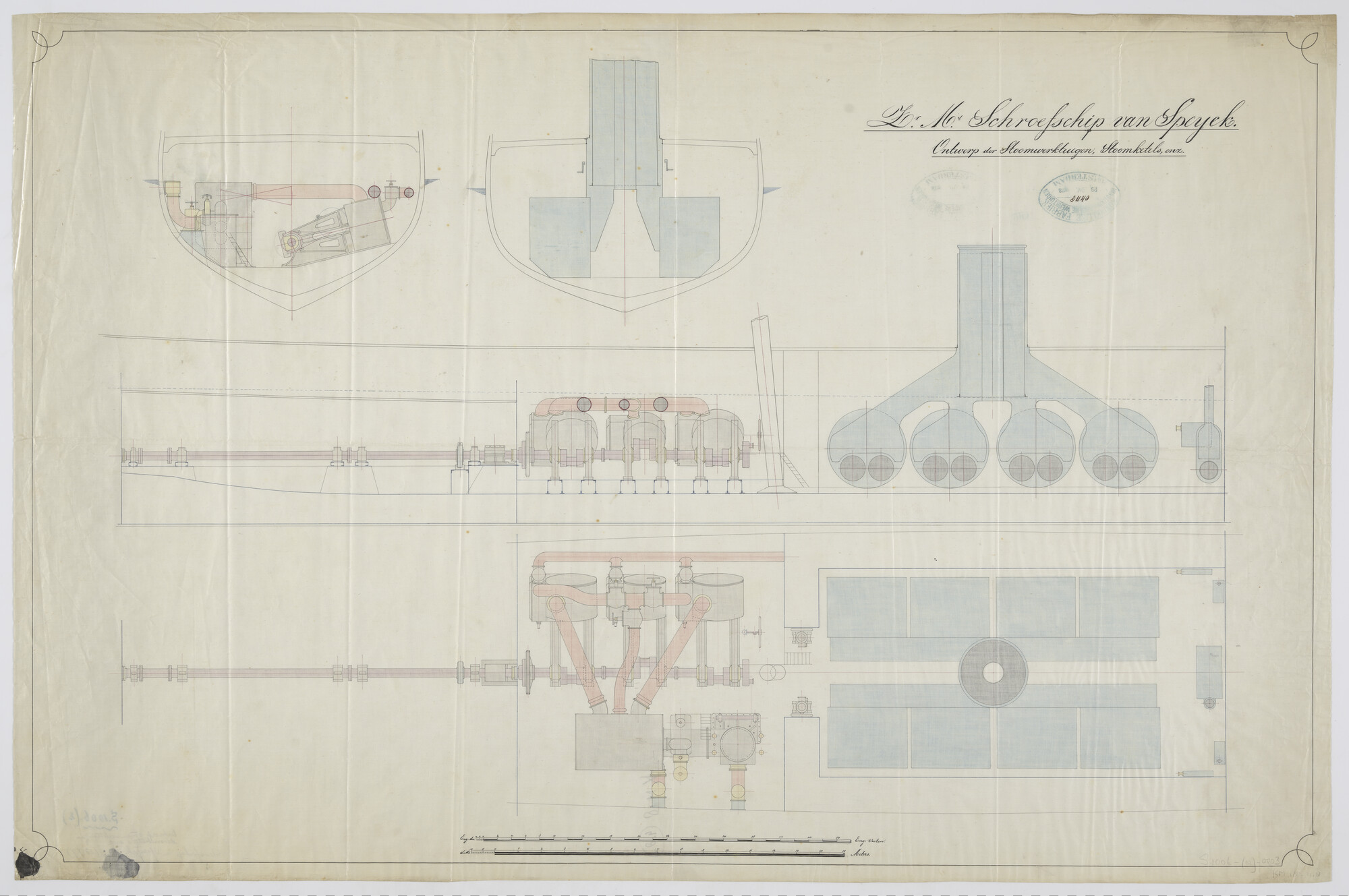 S.1006(02)0003; Ontwerp der drie cilinder compound stoommachine en acht twee-vuurs Schotse stoomketels van het schroefstoomschip der eerste klasse Zr.Ms. 'Van Speyk' (1880); technische tekening