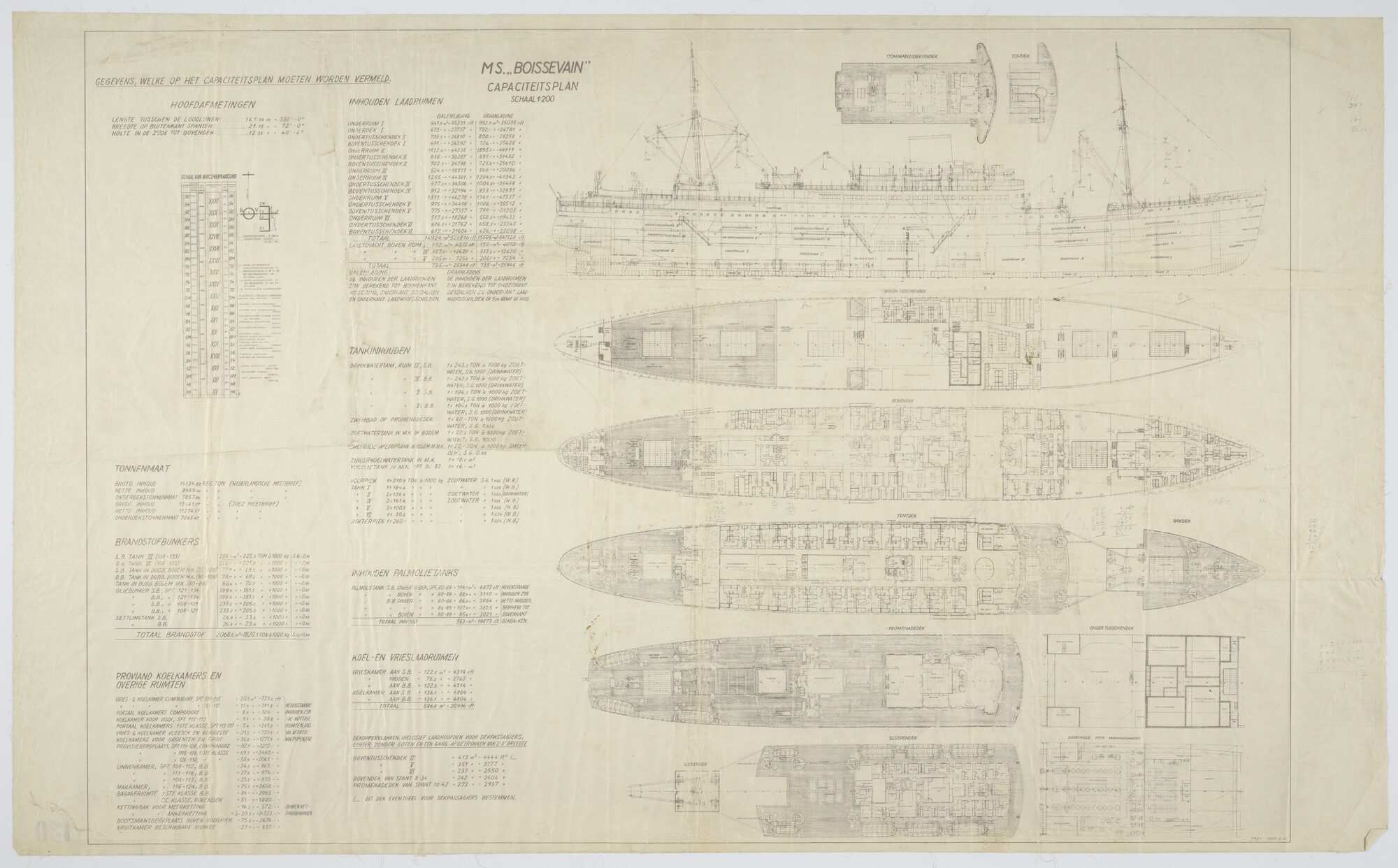 S.5491(01)193; Algemeen plan van ms. 'Boissevain' van de KPM, 1938; technische tekening