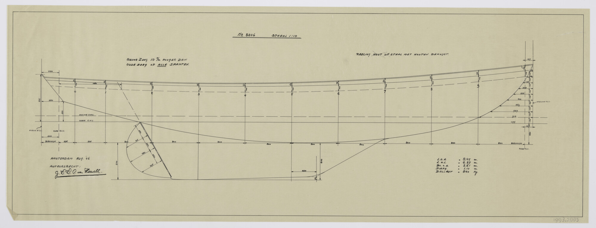 1993.2883; Constructietekening reling met houten deklijst zeiljacht 8.45 meter; technische tekening