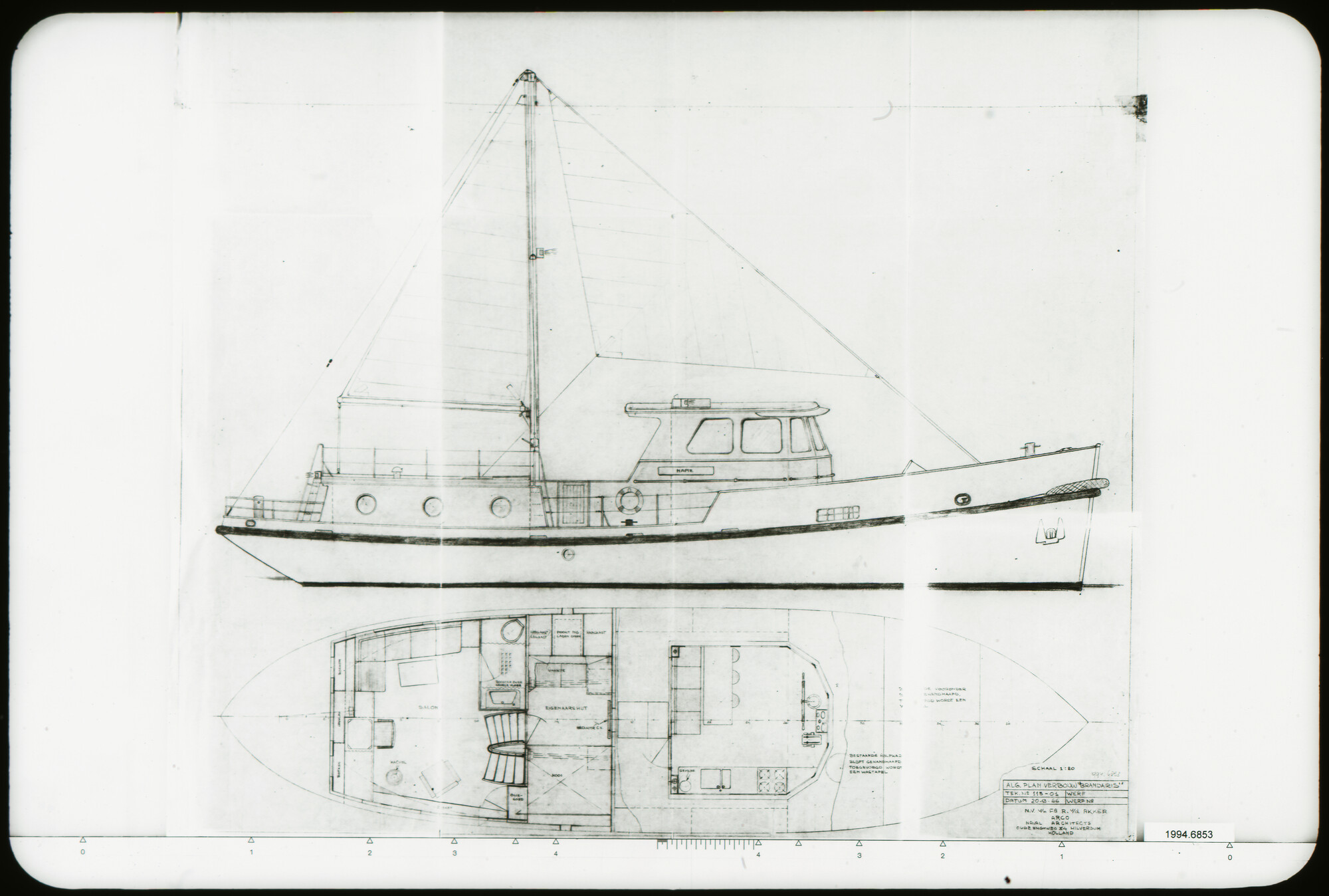 1994.6853; Algemeen plan van verbouwing motorreddingboot 'Brandaris' tot motorjacht; technische tekening