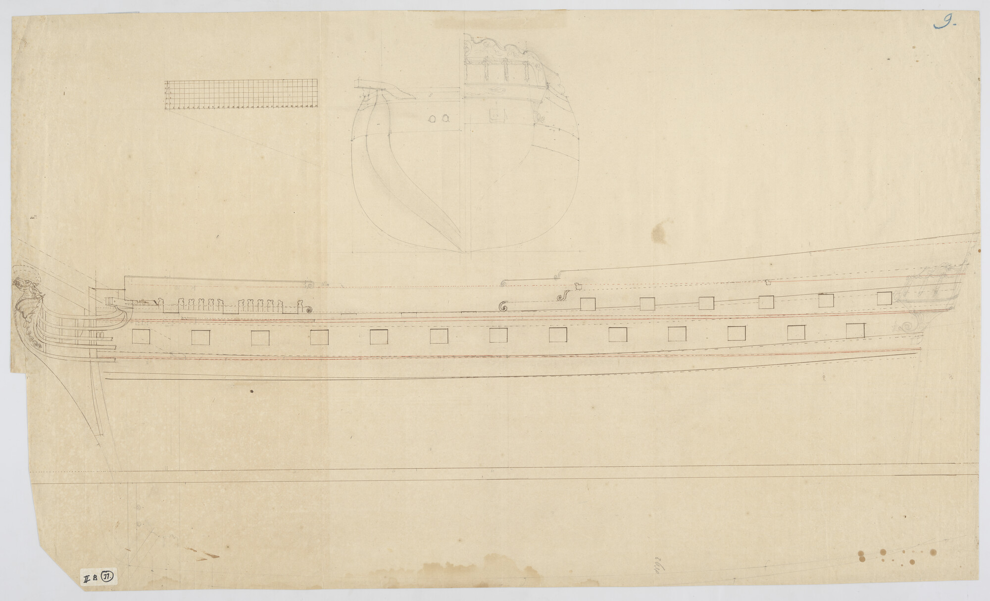S.0305(18); Lijnenplan van een oorlogsschip van 44 stukken; technische tekening