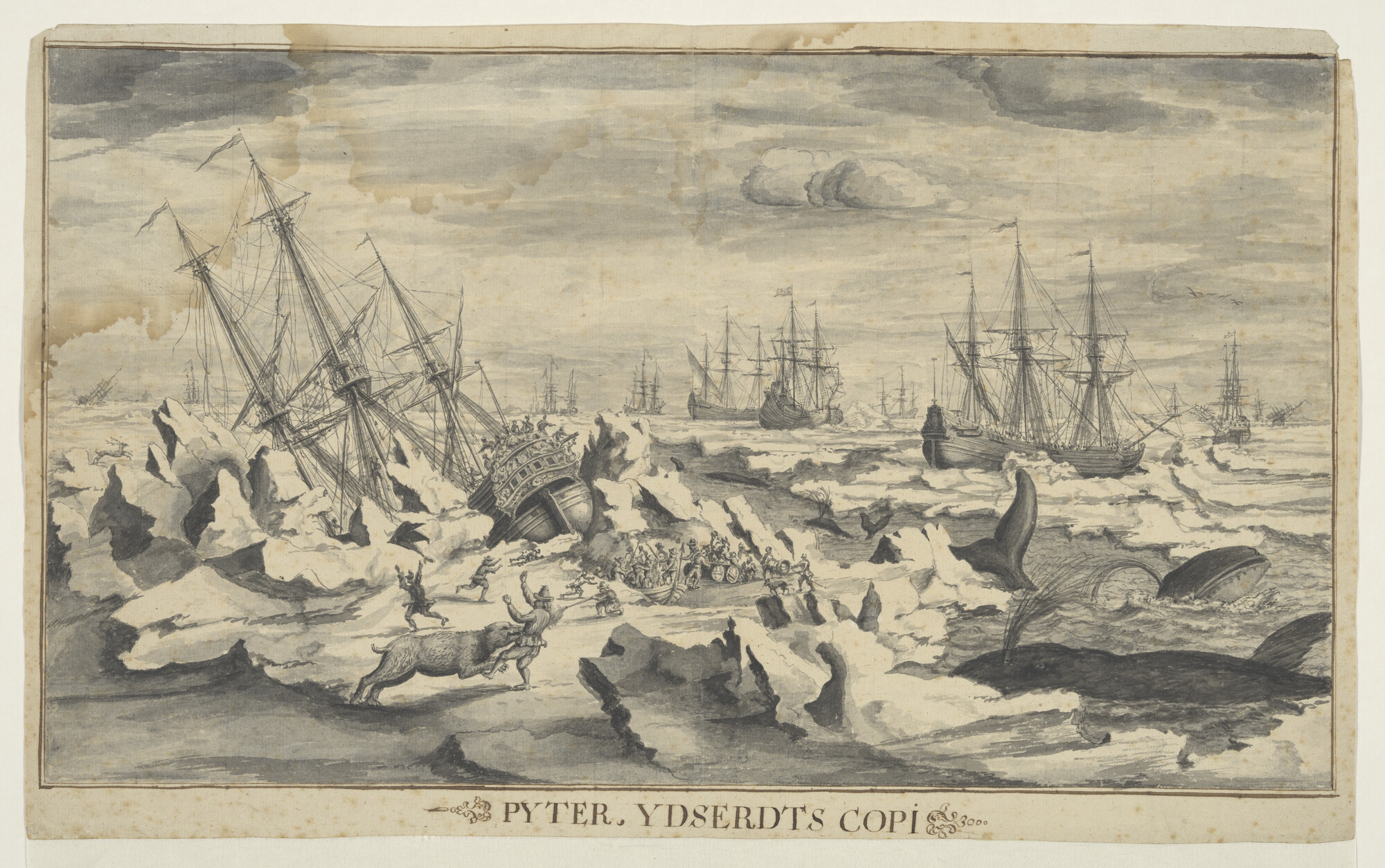 S.0785(01)4; Een eskader bootschepen bekneld in het ijs; tekening