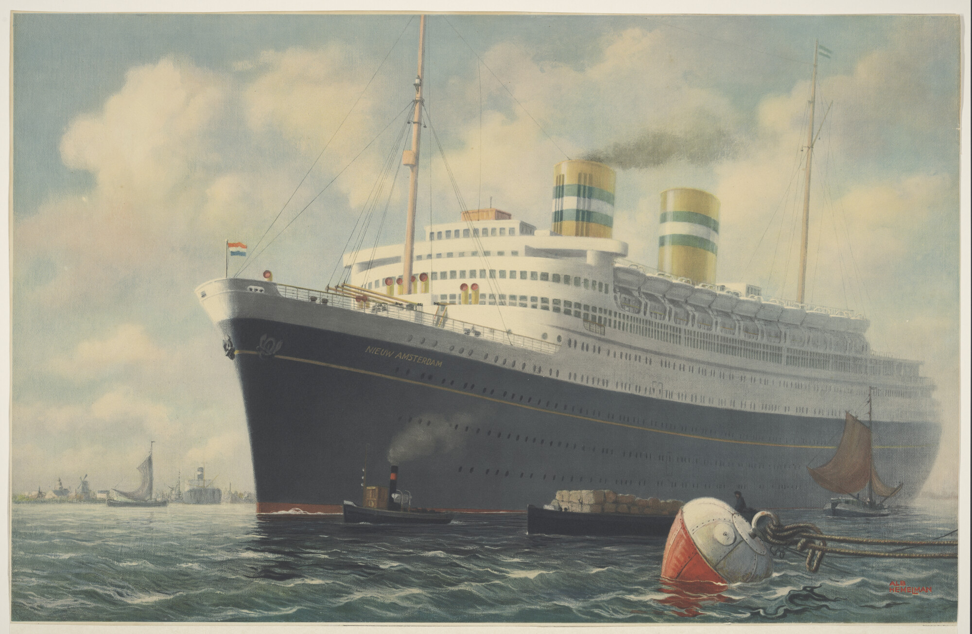 S.3617; Kleurenreproduktie van een prent van het ss. 'Nieuw Amsterdam' van de Holland-Amerika Lijn in de vaart op de Nieuwe Maas; prent