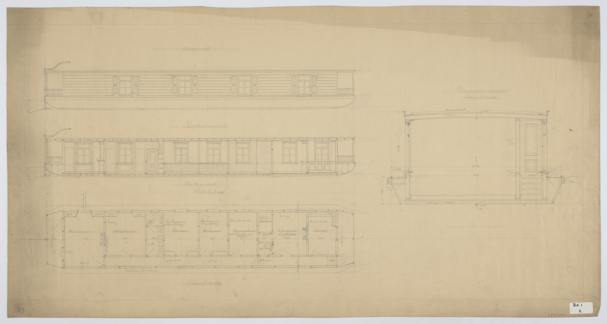 S.5181(006); Algemeen plan van een woonschip met kantoor; technische tekening