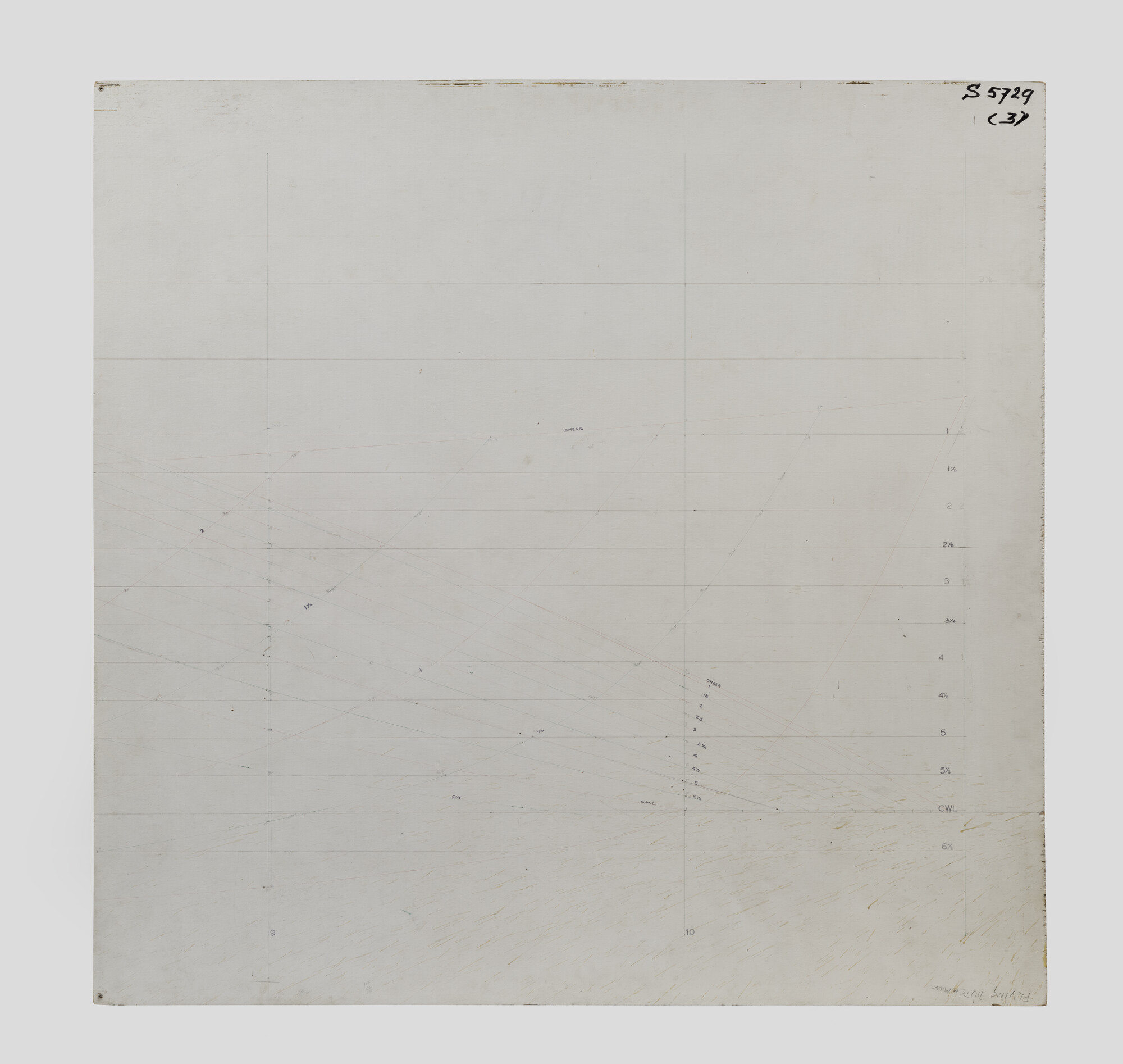 S.5729(03); Spantenvloer met de uitgestrookte verticalen, waterlijnen en spanten; technische tekening