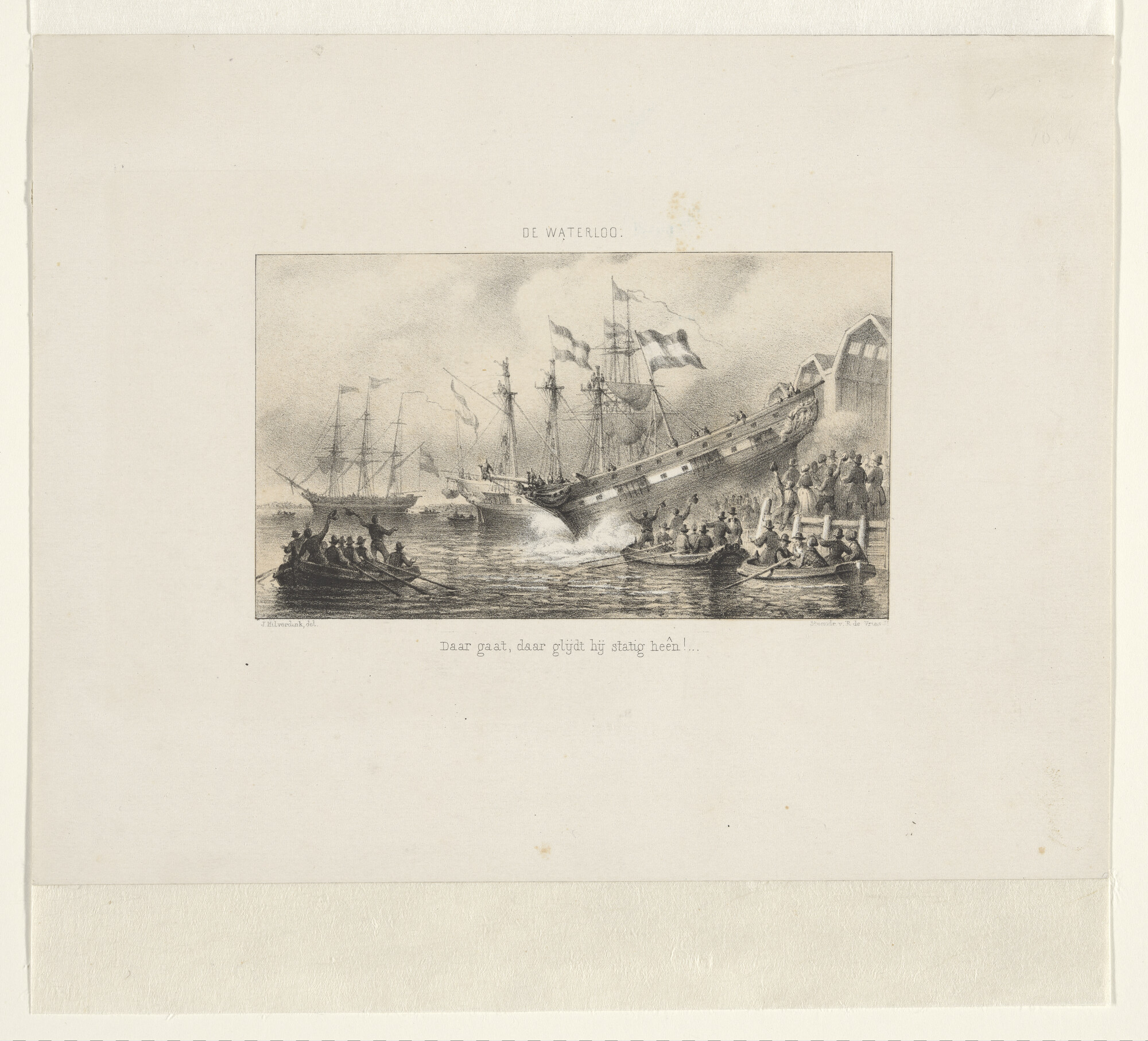 A.0386(04) [nr 0002]; Het te waterlopen van het linieschip 'Waterloo'; prent