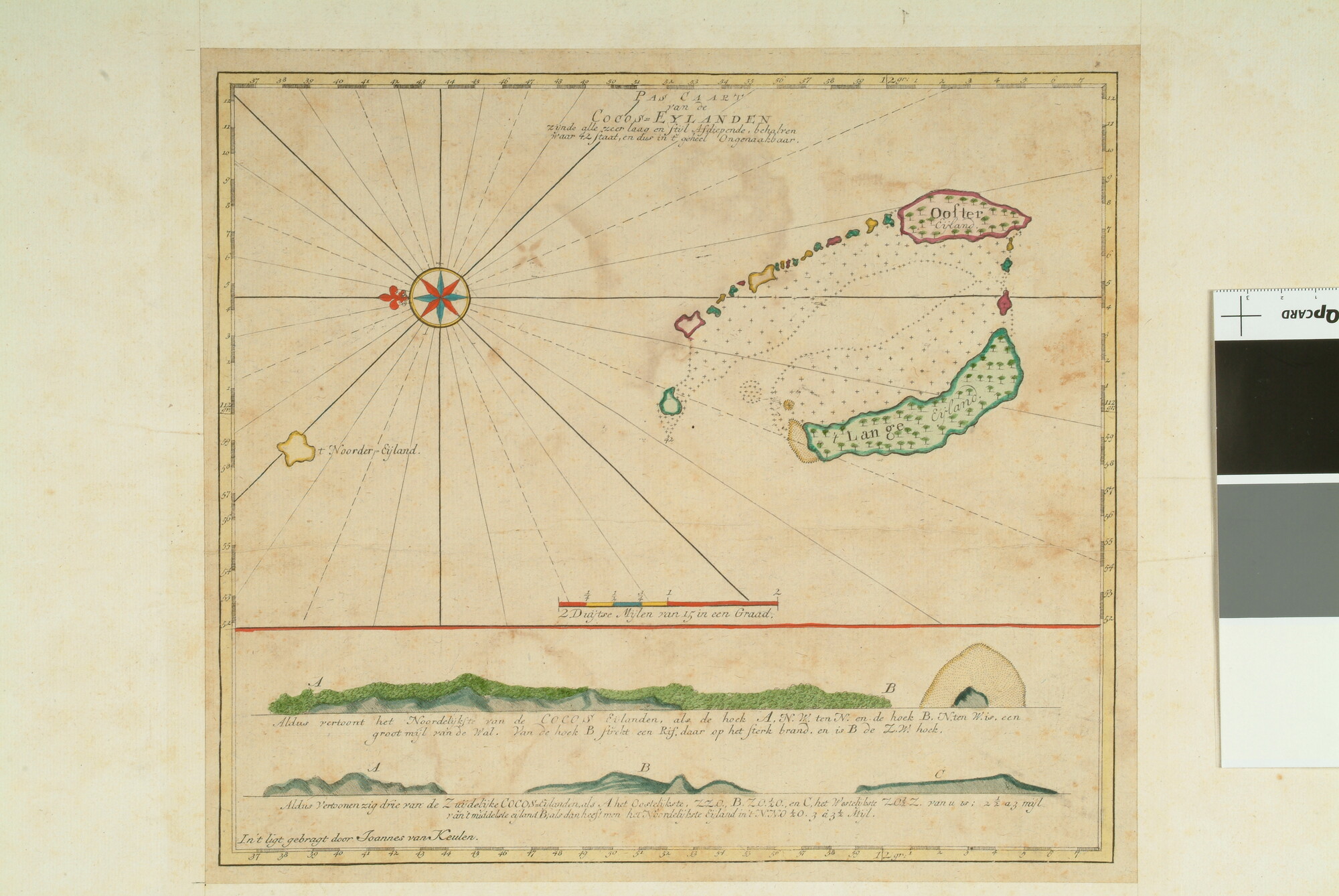 A.0145(211)151; Met de hand gekleurde kaart van de Cocos eilanden, 1755; zeekaart