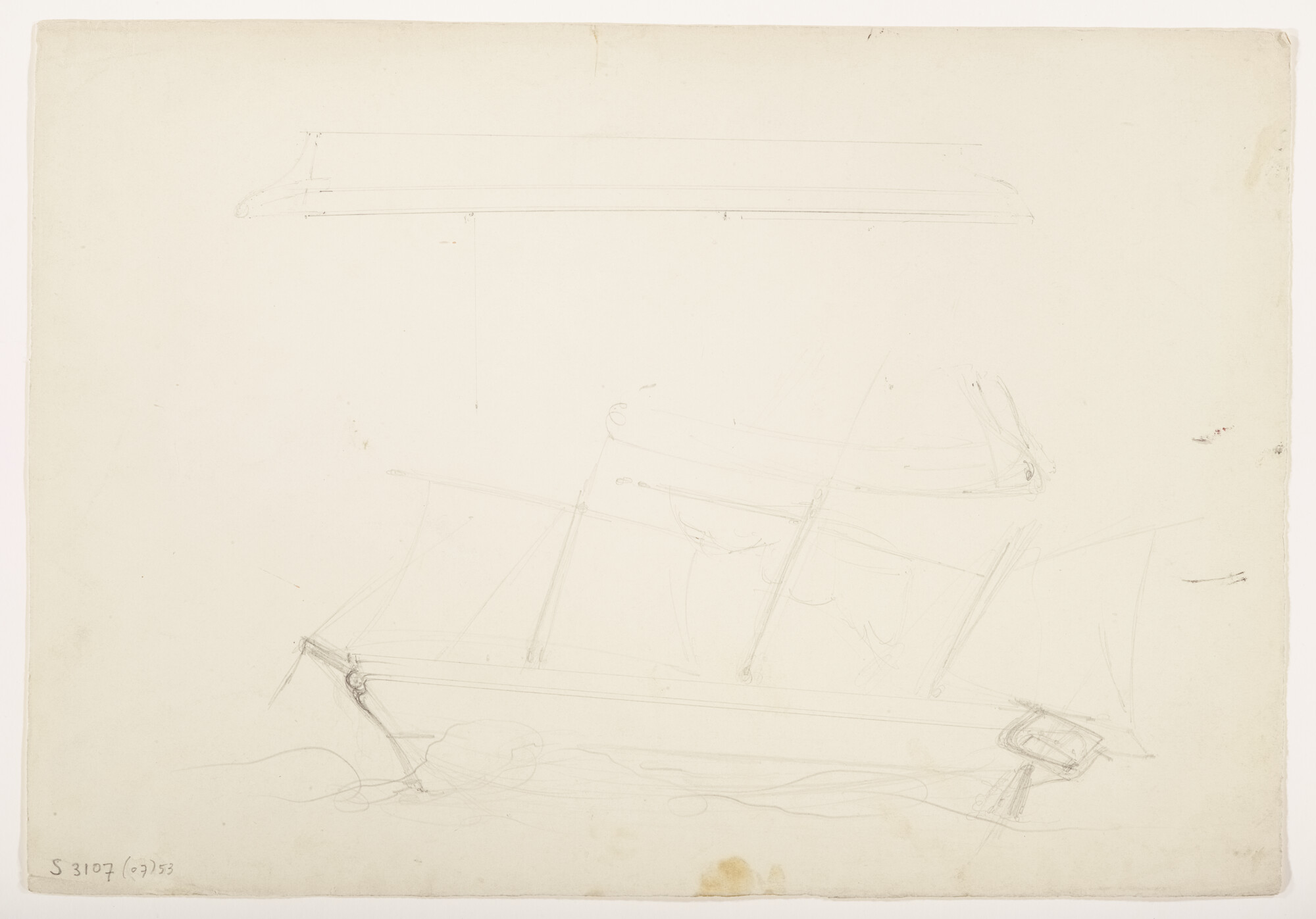 S.3107(07)053; Schets van een tweemastzeilschip met links in de mast een wimpel met de naam Capella; tekening