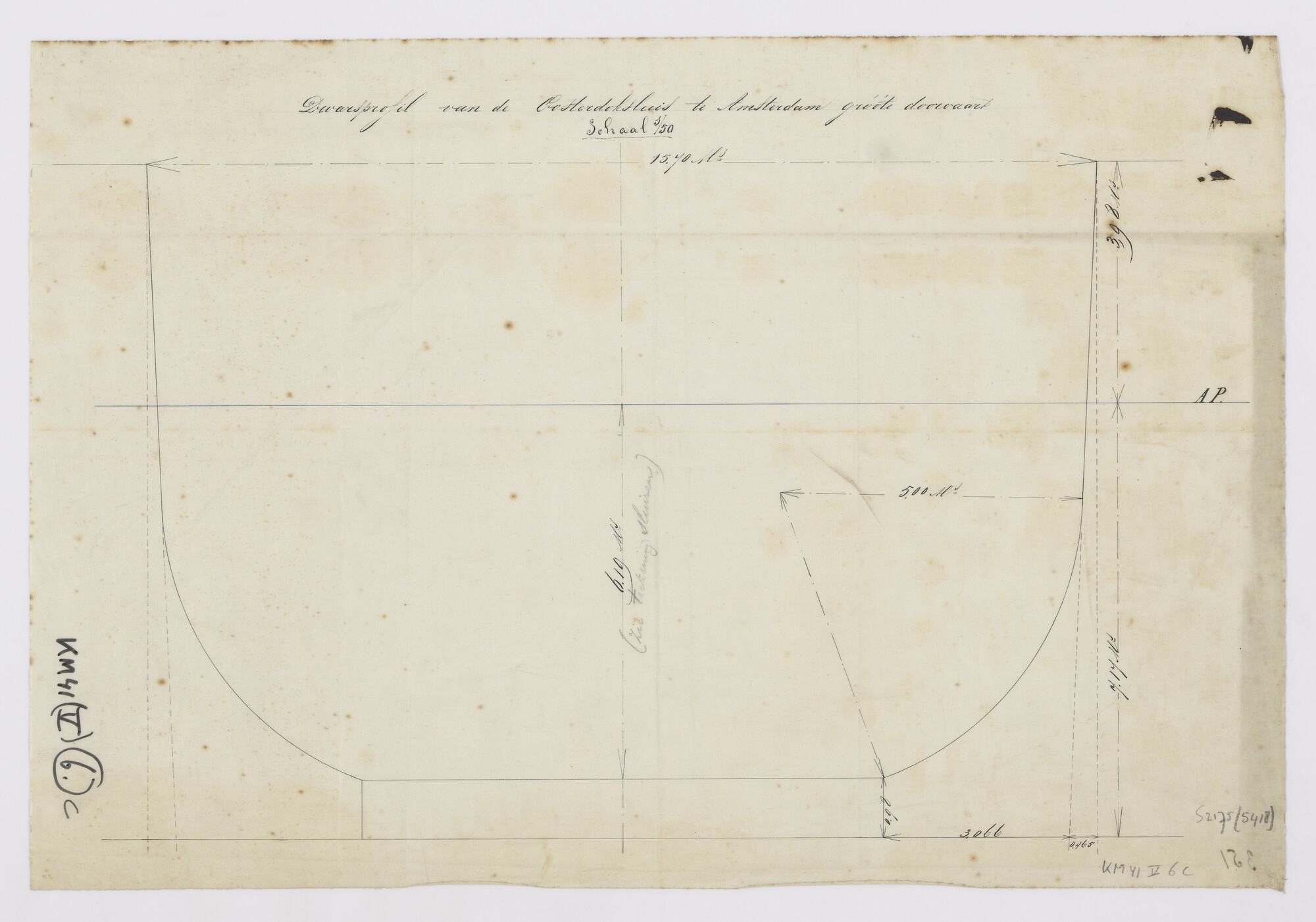 S.2175(5418); Dwarsdoorsnede van het profiel van de Oosterdoksluis te Amsterdam (omstreeks 1890); technische tekening