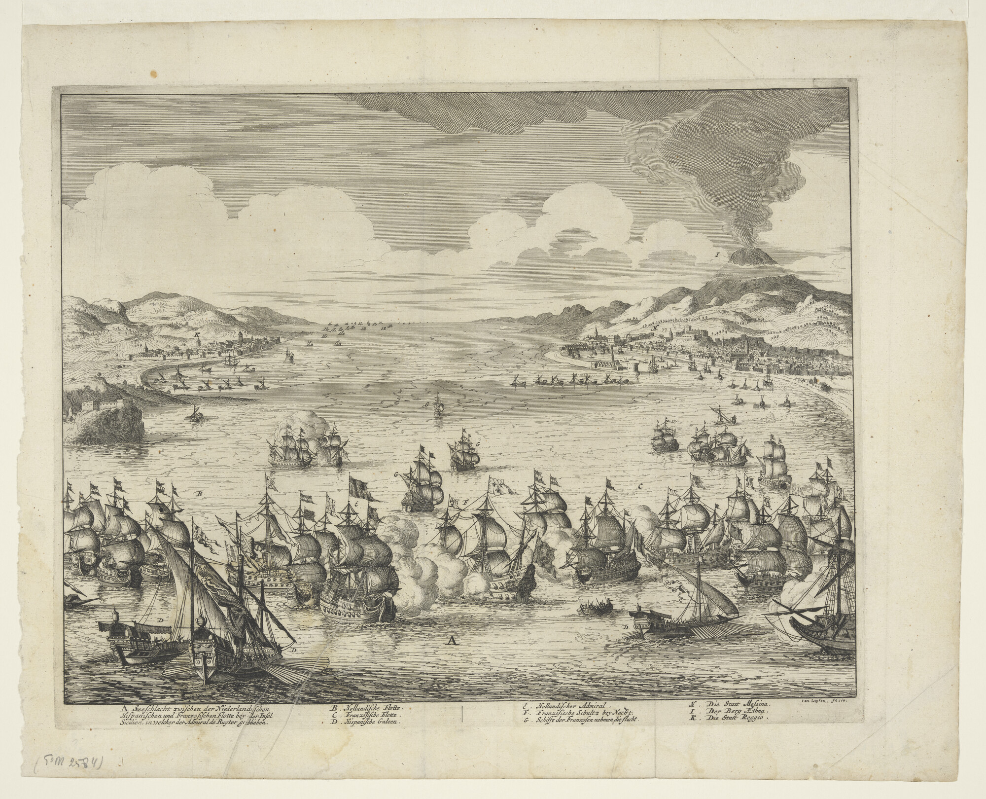 A.2723; Zeeslag bij Sicilië in het gezicht van de Etna, tussen De Ruiter en Duquesne, 22 april 1676; prent