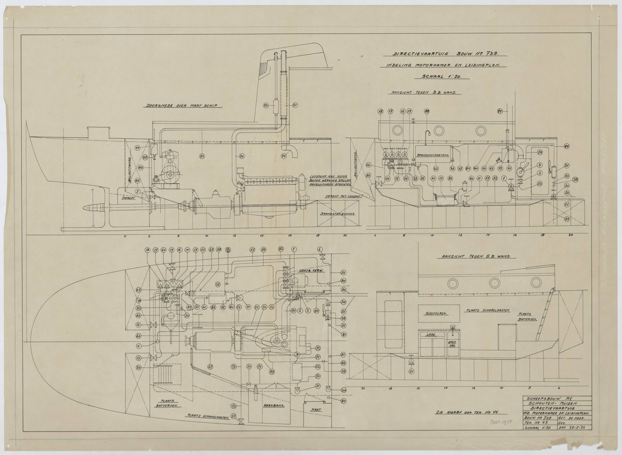 2005.1935; Indeling van de motorkamer en leidingplan van het directievaartuig "Breezand"; technische tekening