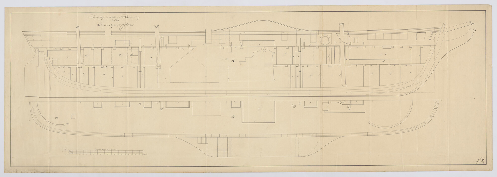 S.1214(0206); Dekplan van het raderstoomschip Zr.Ms. 'Cerberus'; technische tekening