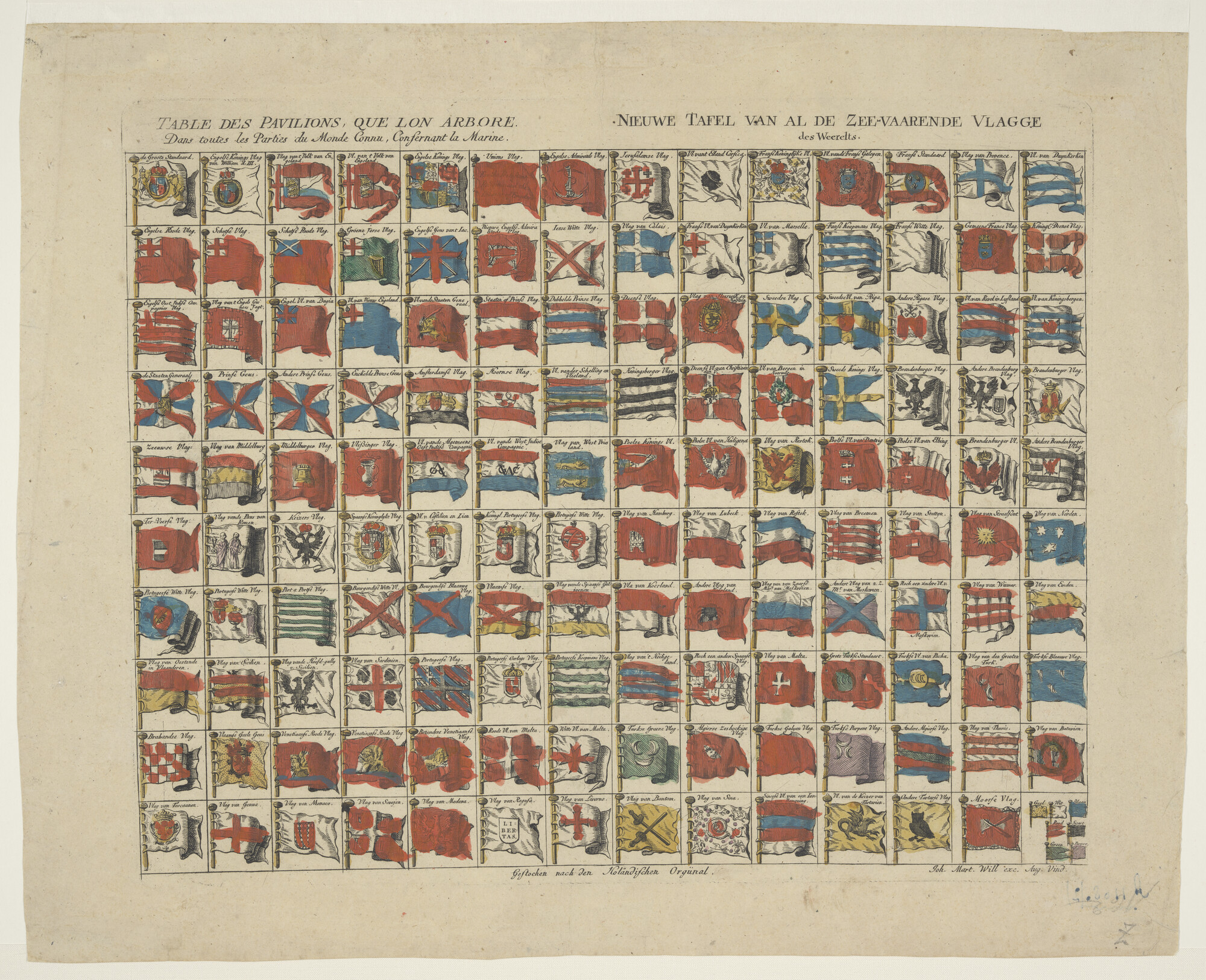 A.1108(02); Vlaggenkaart met 139 vlaggen van zeevarende naties; prent