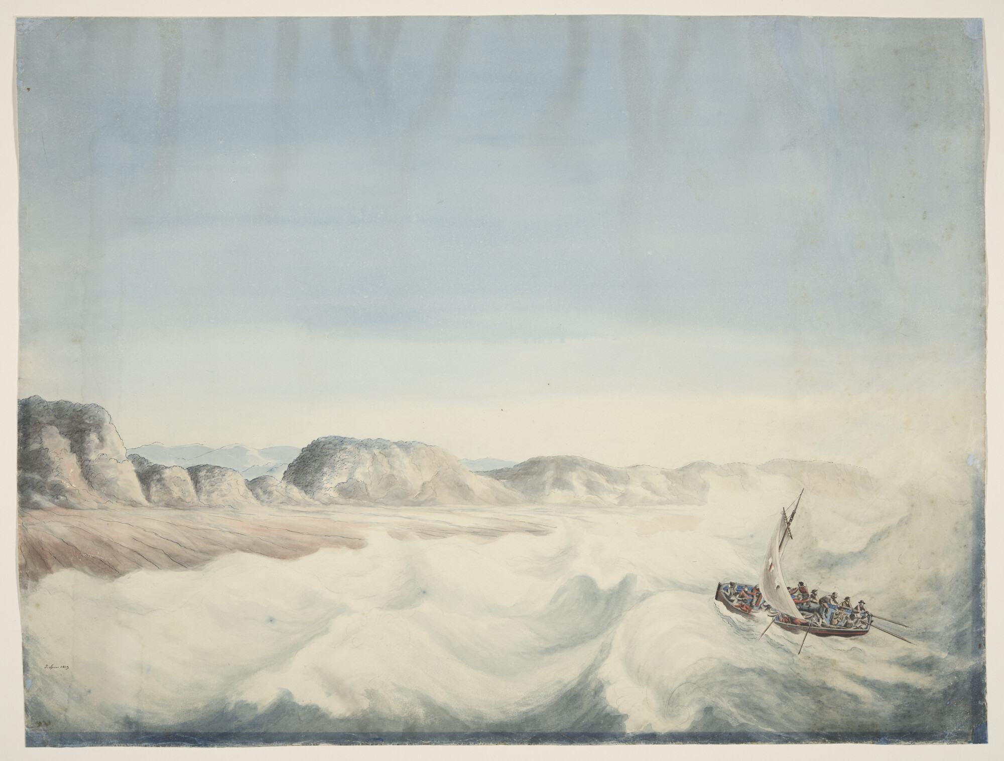 S.3929(02); De scheepsboot van de Nijverheid met schipbreukelingen voor de kust van Mozambique; tekening