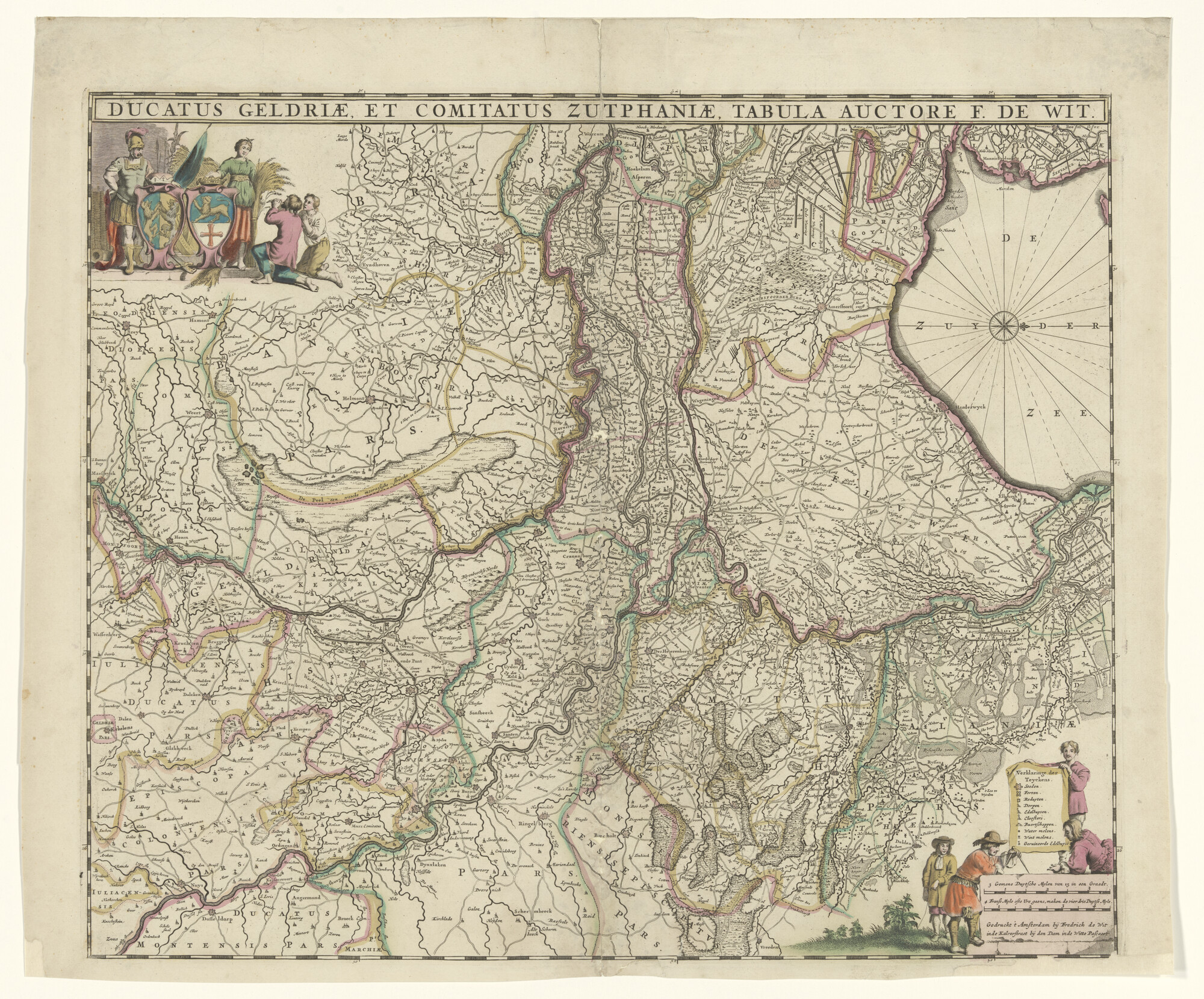 1997.3614; Met de hand gekleurde kaart van het hertogdom Gelderland en het graafschap Zutphen; landkaart