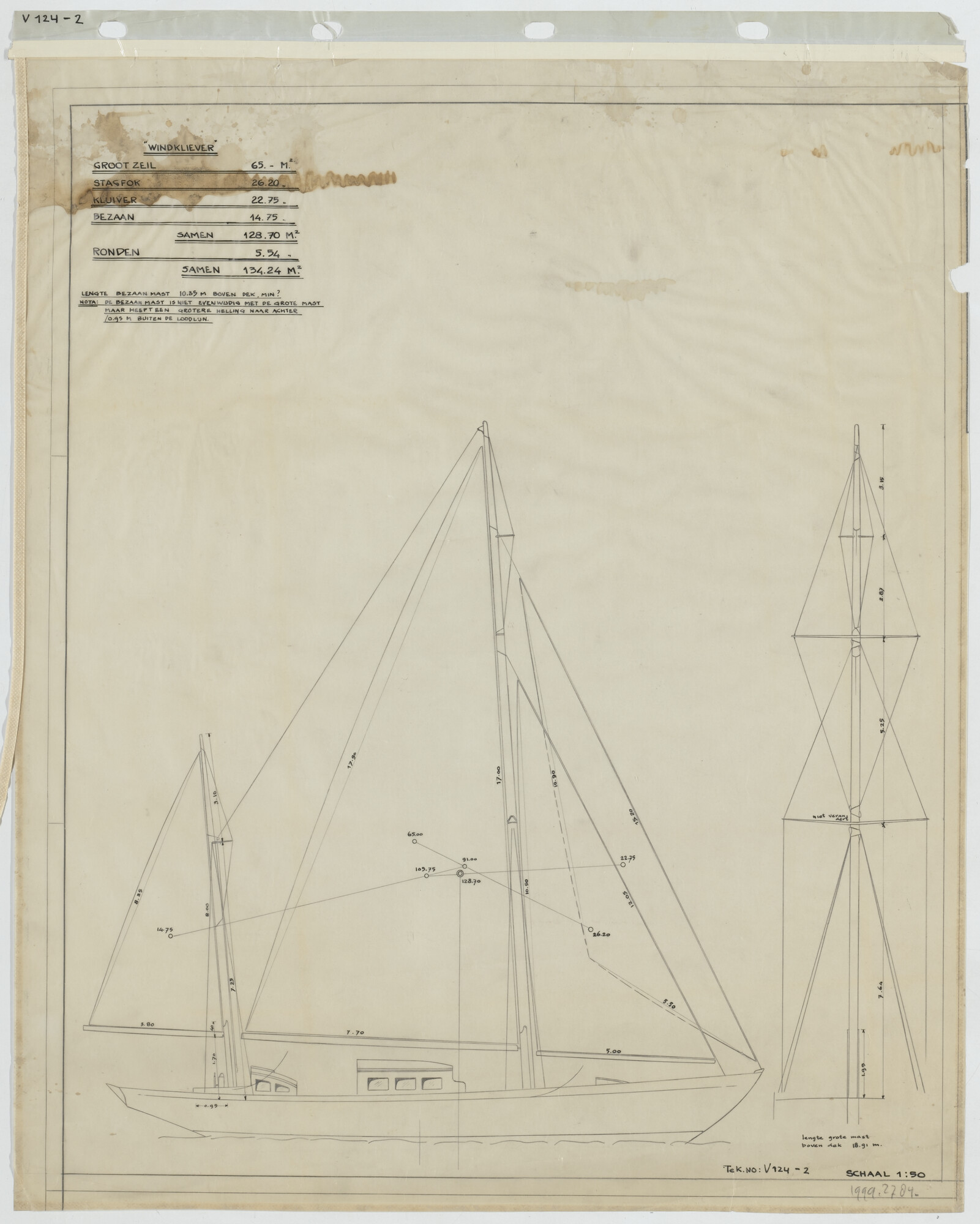 1999.2784; Zeilplan van het kitsjacht 'Windkliever'; technische tekening
