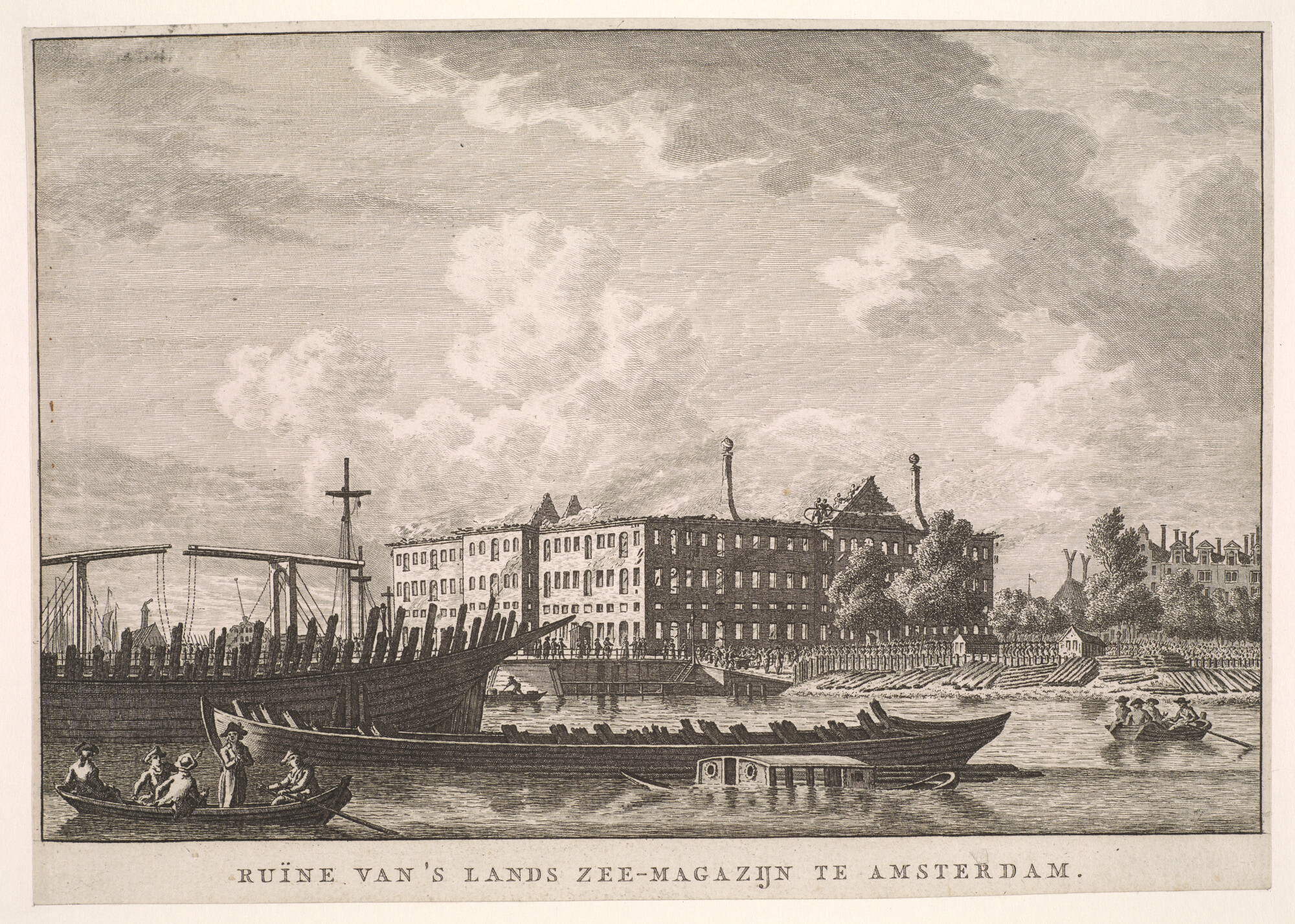 S.4499(02); Ruïne van 's Lands Zeemagazijn na de brand van 6 juli 1791; prent