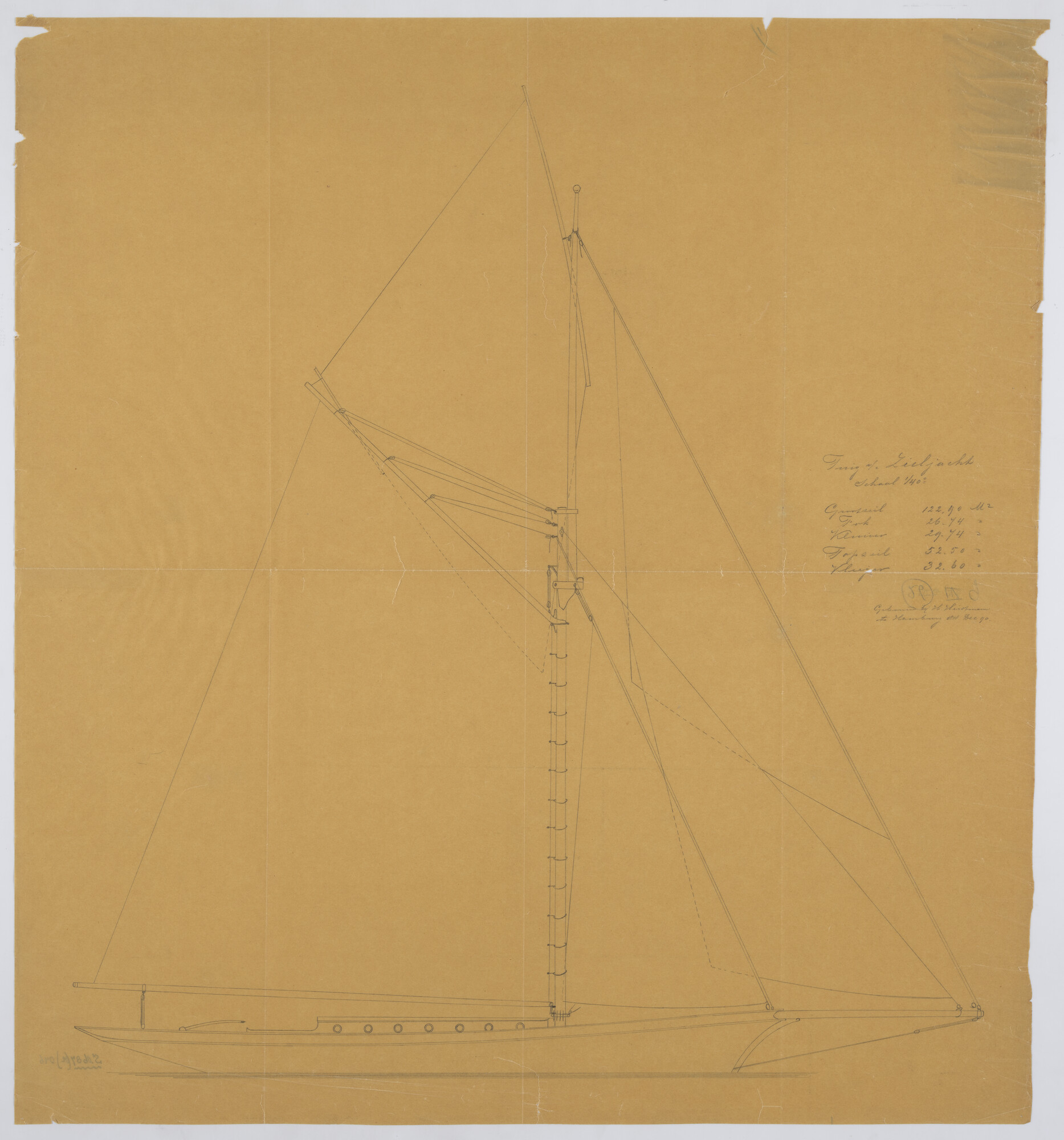 S.0687(02)046; Zijaanzicht met zeilplan van zeiljacht 'Nevermind'; technische tekening