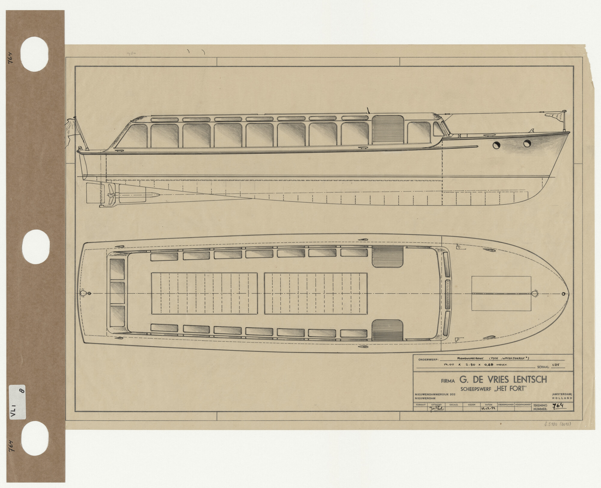 S.5180(0010); Algemeen plan van een rondvaartboot; technische tekening