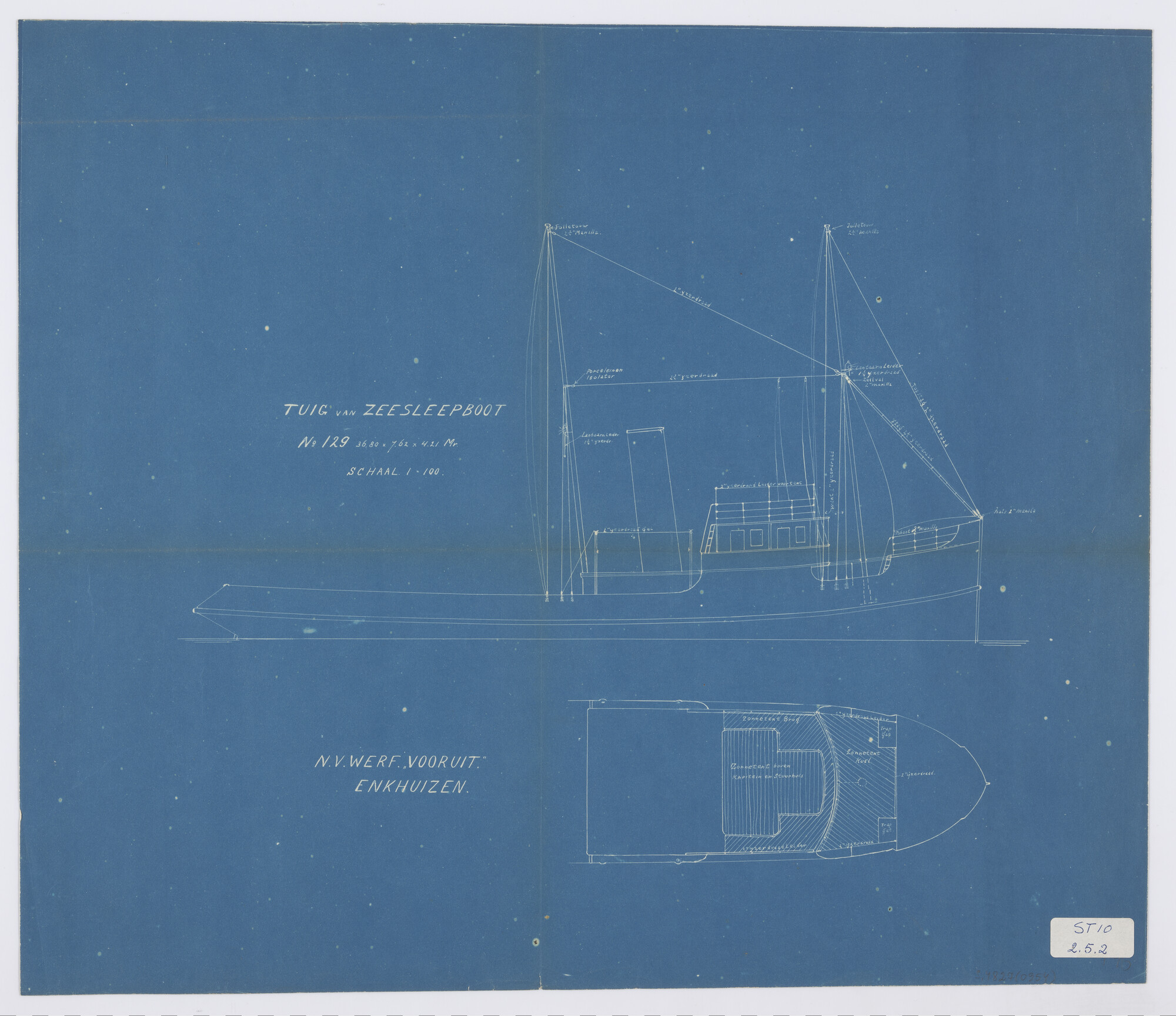 S.4827(0954); Zeesleepboot Beverwijk 20: tuigplan (1:100), blauwdruk; technische tekening