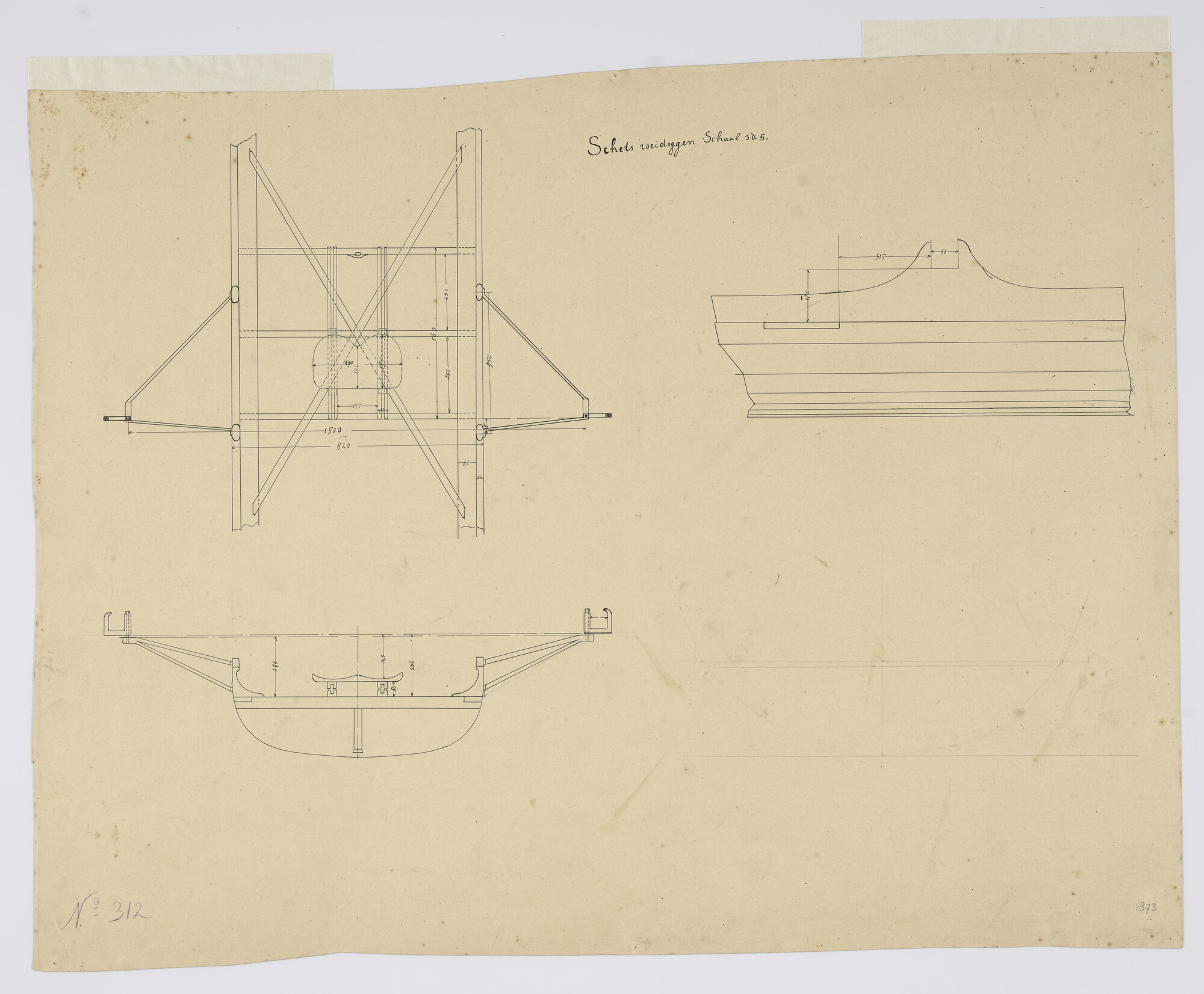 2012.0529; Schets van roeidollen en beweegbare bank voor een wherry; technische tekening