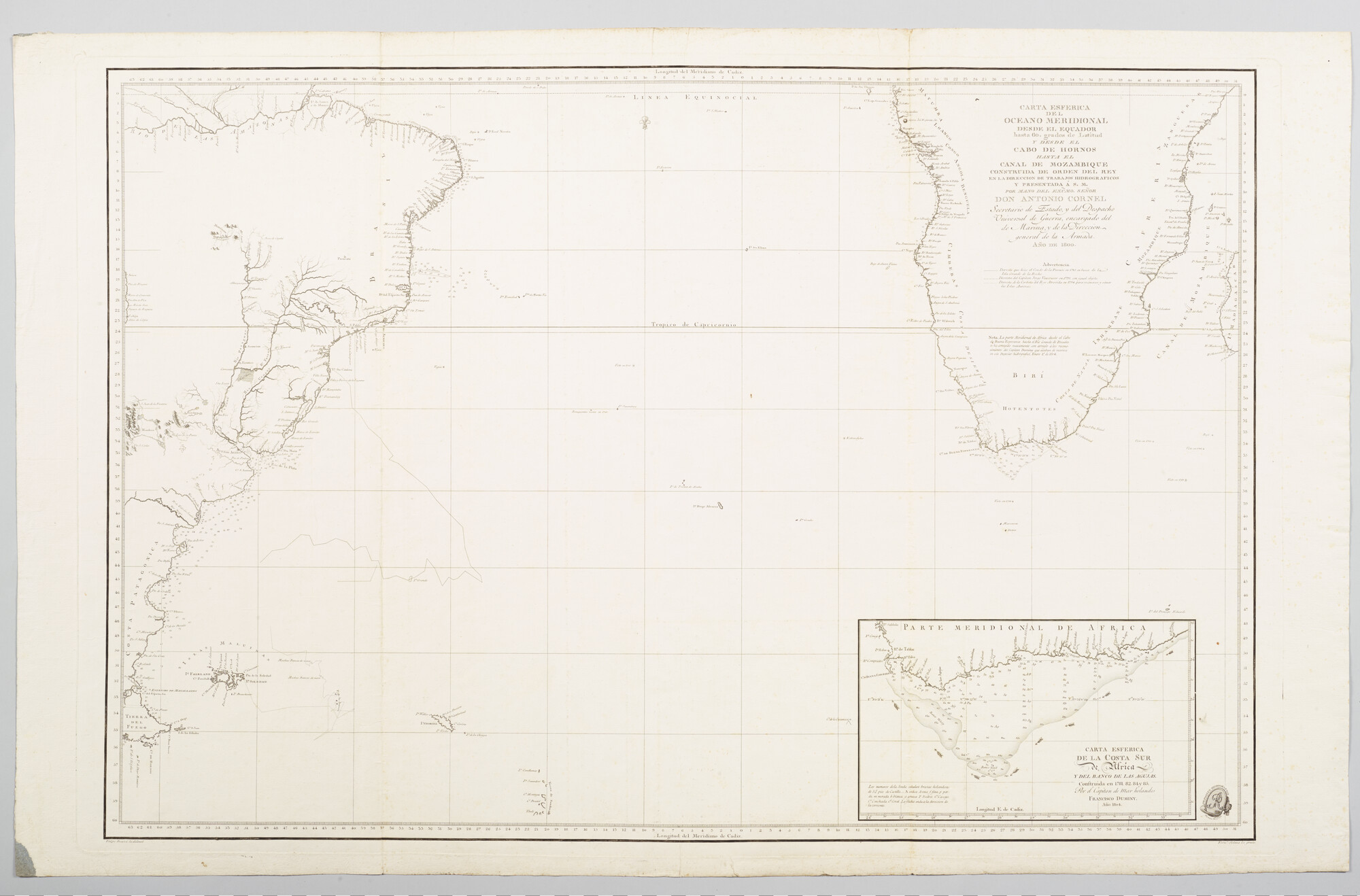 A.2169(03) [nr 0011]; Kaart van de zuid Atlantische Oceaan door Felipe Bauza & Francisco Duminy; zeekaart