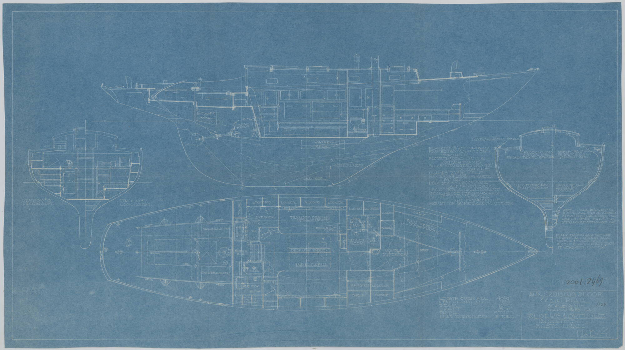 2001.2469; Inrichtingsplan van een eenmast zeiljacht (aux cruising sloop); technische tekening