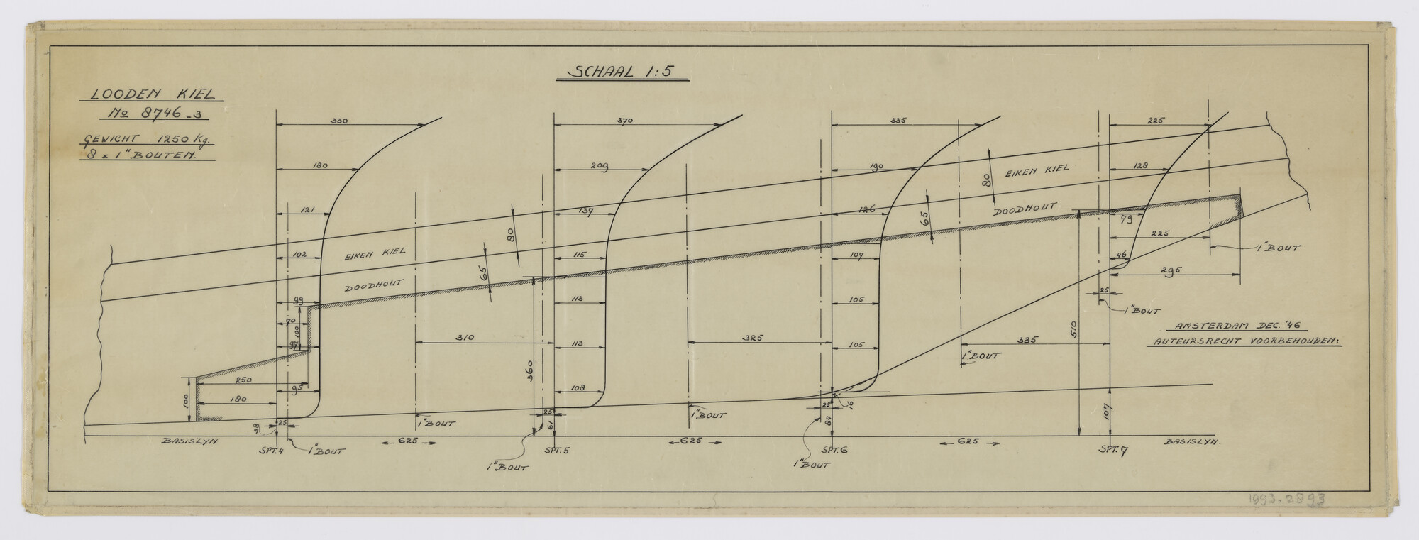 1993.2893; Constructietekening loden kiel platgatzeiljacht 8.10 meter; technische tekening