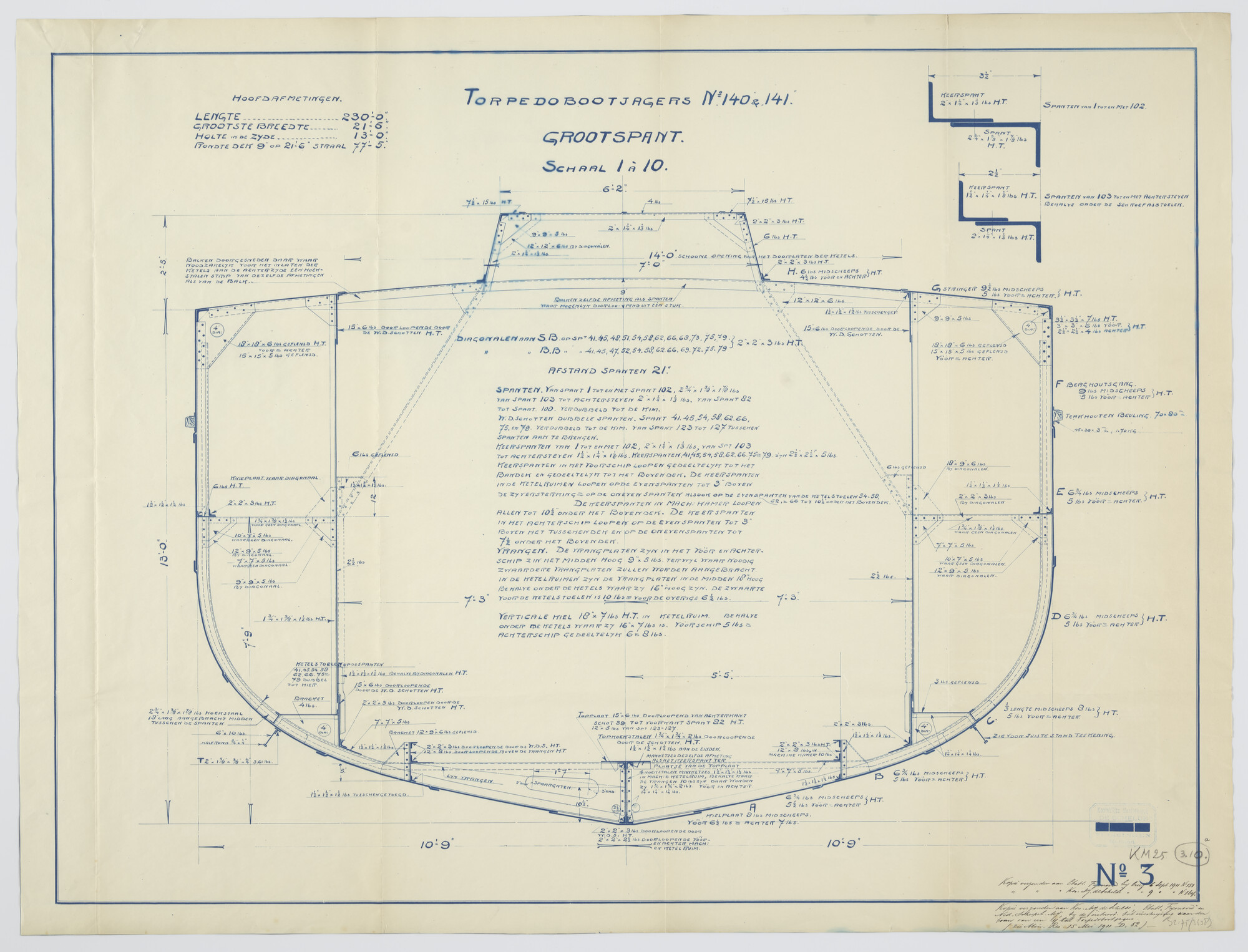 S.2175(3638); Dwarsdoorsnede over het grootspant aan boord Hr.Ms. 'Bulhond'en Hr.Ms. 'Jakhals'; technische tekening