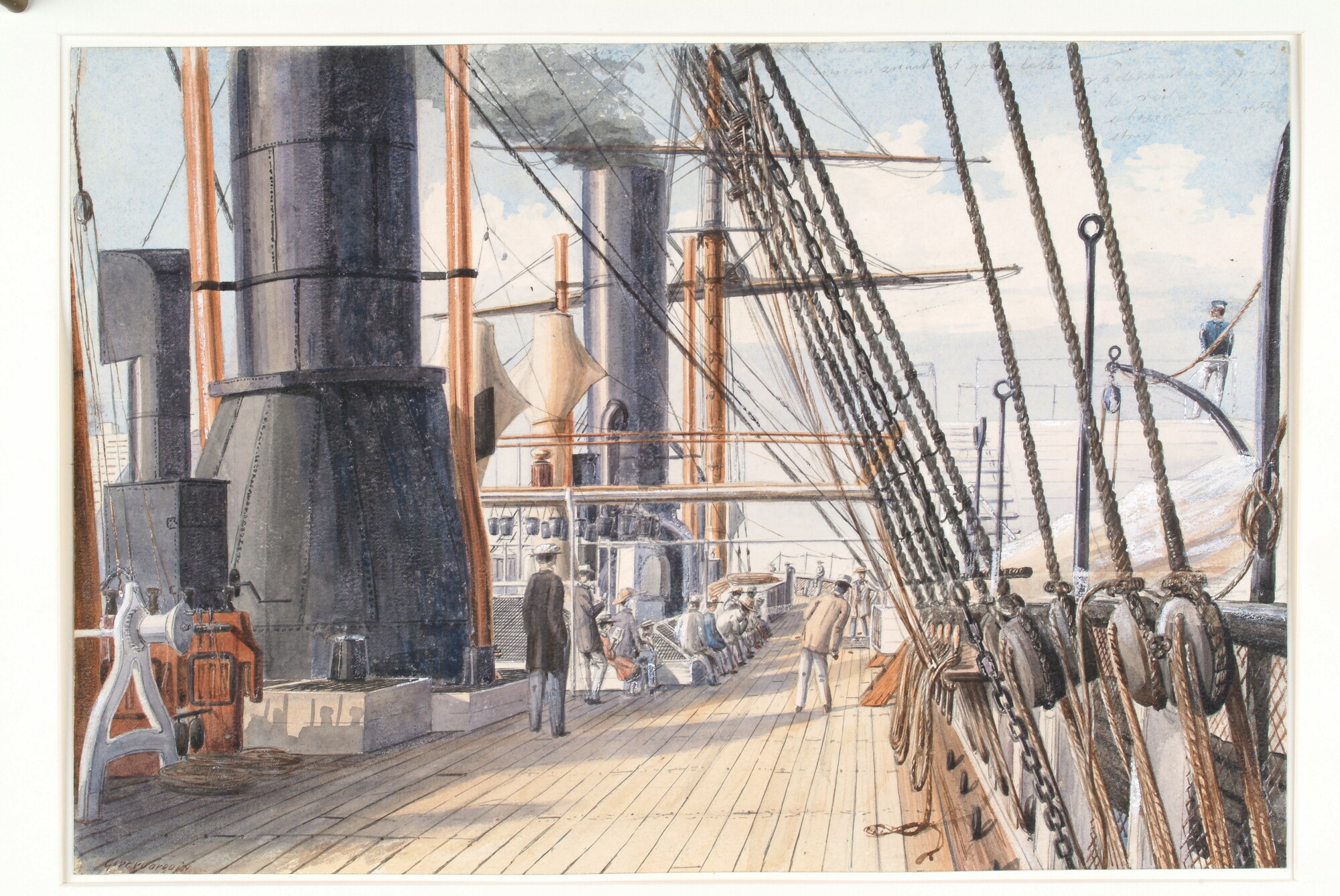 A.3504(13); Dekaanzicht aan boord van het Engelse raderstoomschip 'Seine'; tekening