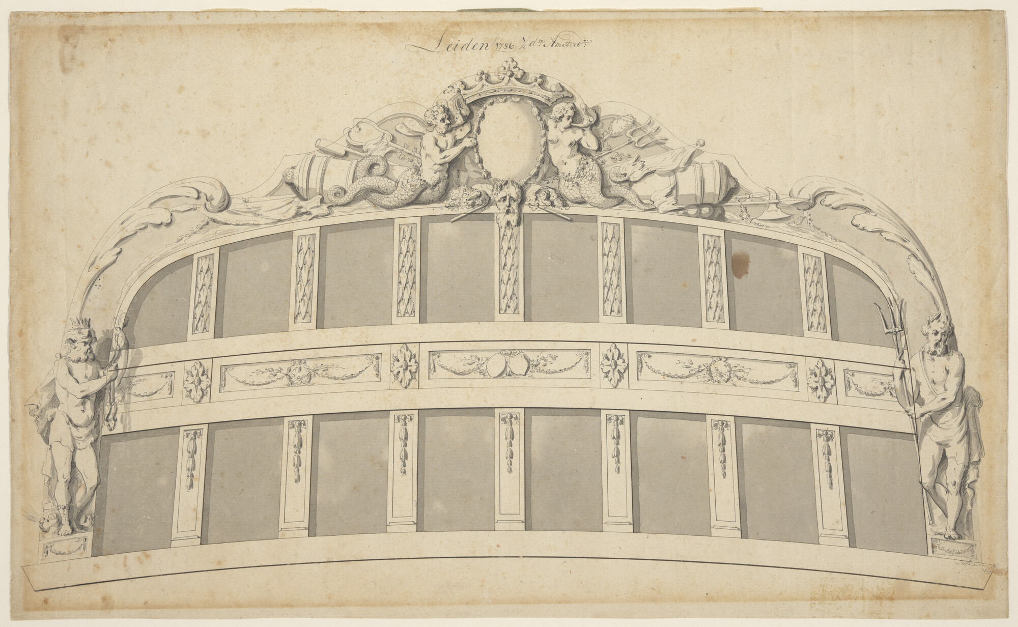 A.0149(0427); Spiegel van het schip Leiden van 68 stukken; technische tekening