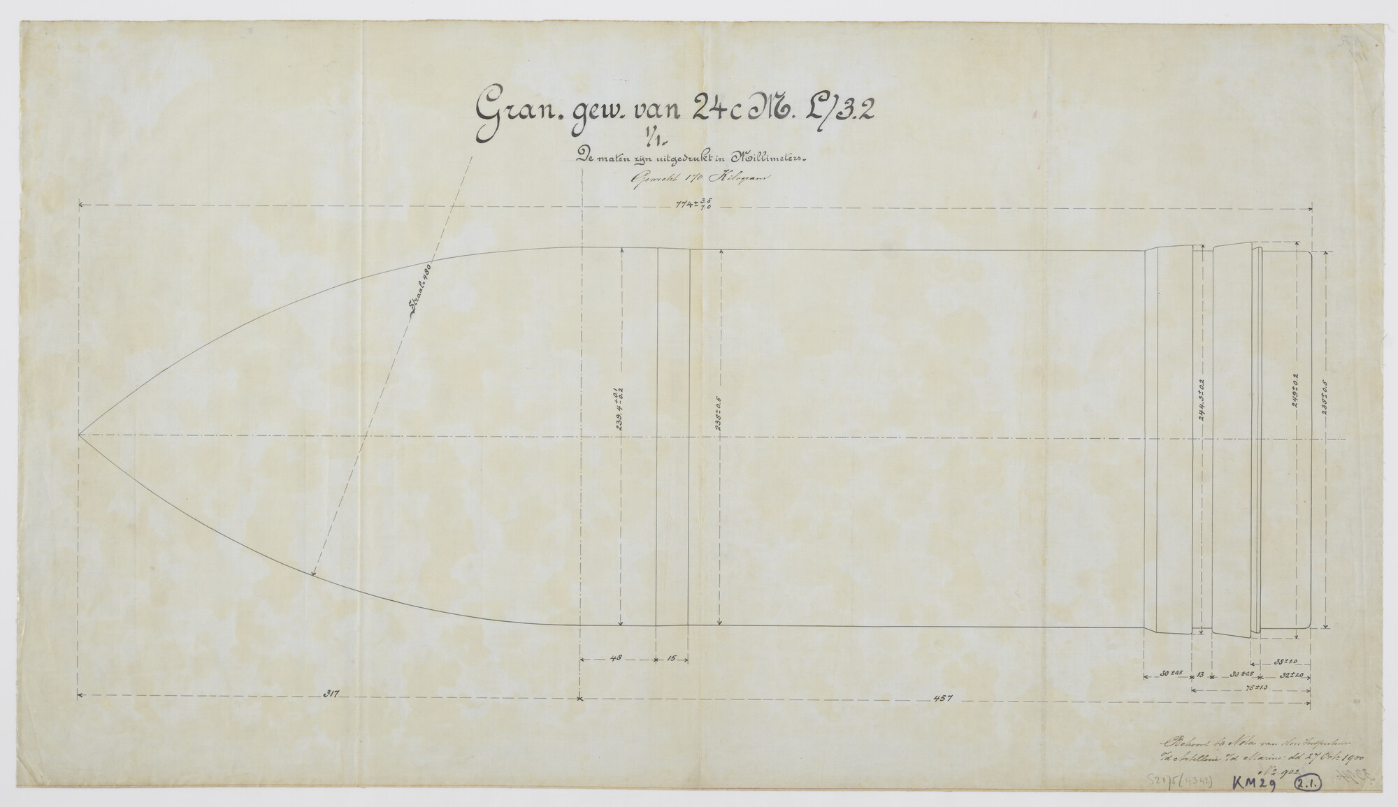 S.2175(4342); Langsdoorsnede van een granaat van 24 cm L/3.2; technische tekening