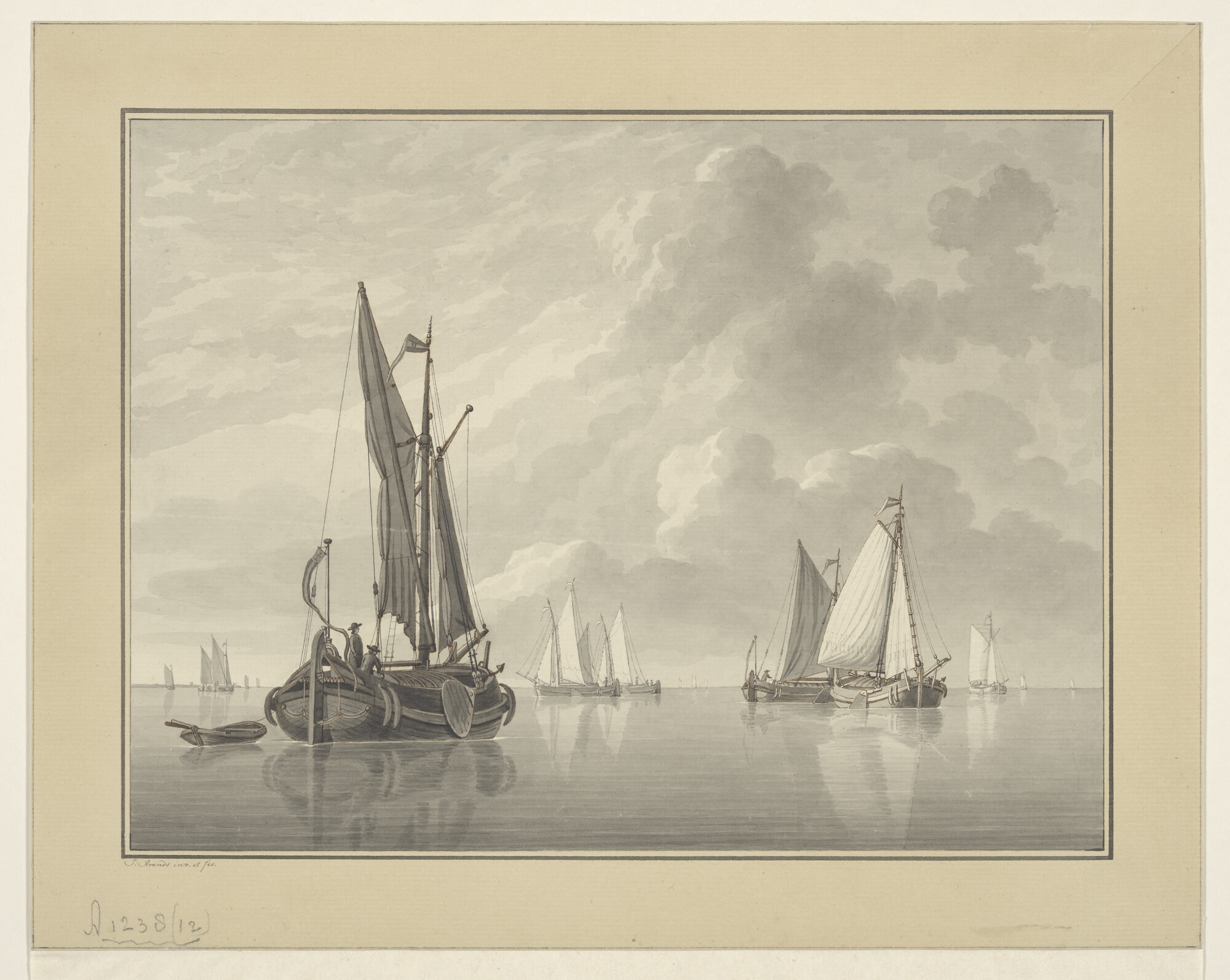 A.1238(12); Een wijds binnenwater met een statiepoon e.a. schepen; tekening