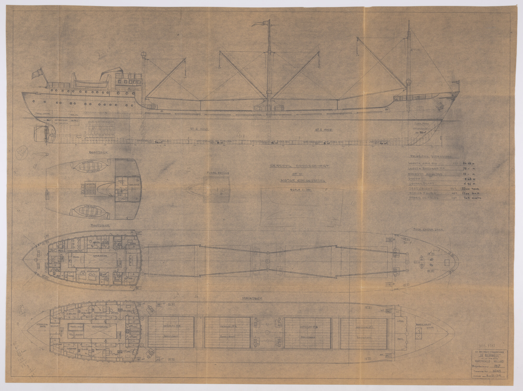 1995.7373; Ontwerp algemeen plan (1:100) voor ms. Pargasport van O/Y Suntrans A/B [...]; technische tekening