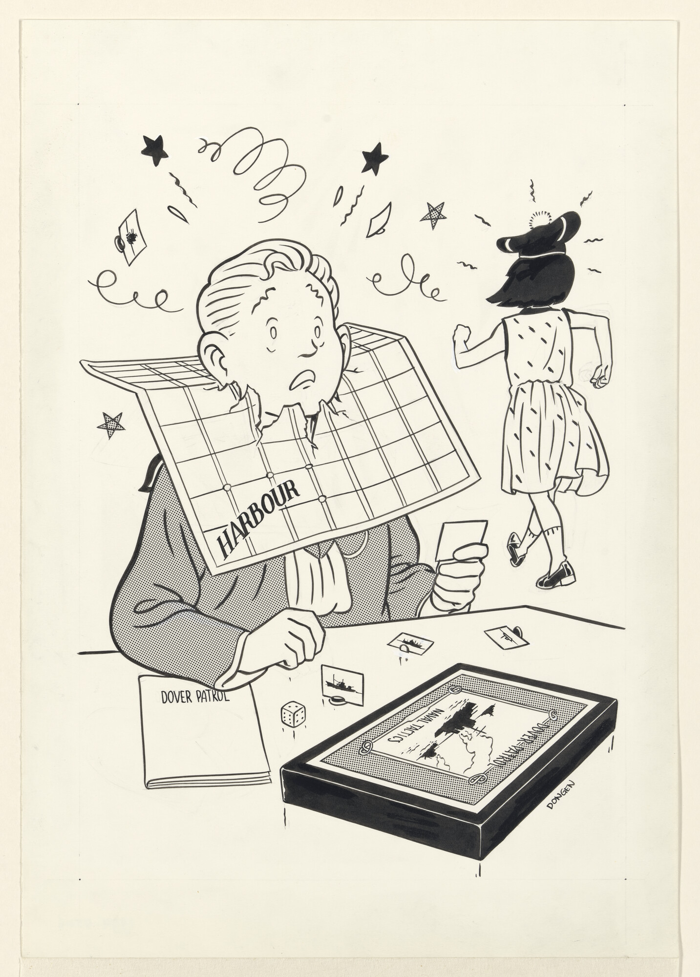 1994.4506; Kinderen ruziënd bij een maritiem bordspel; tekening